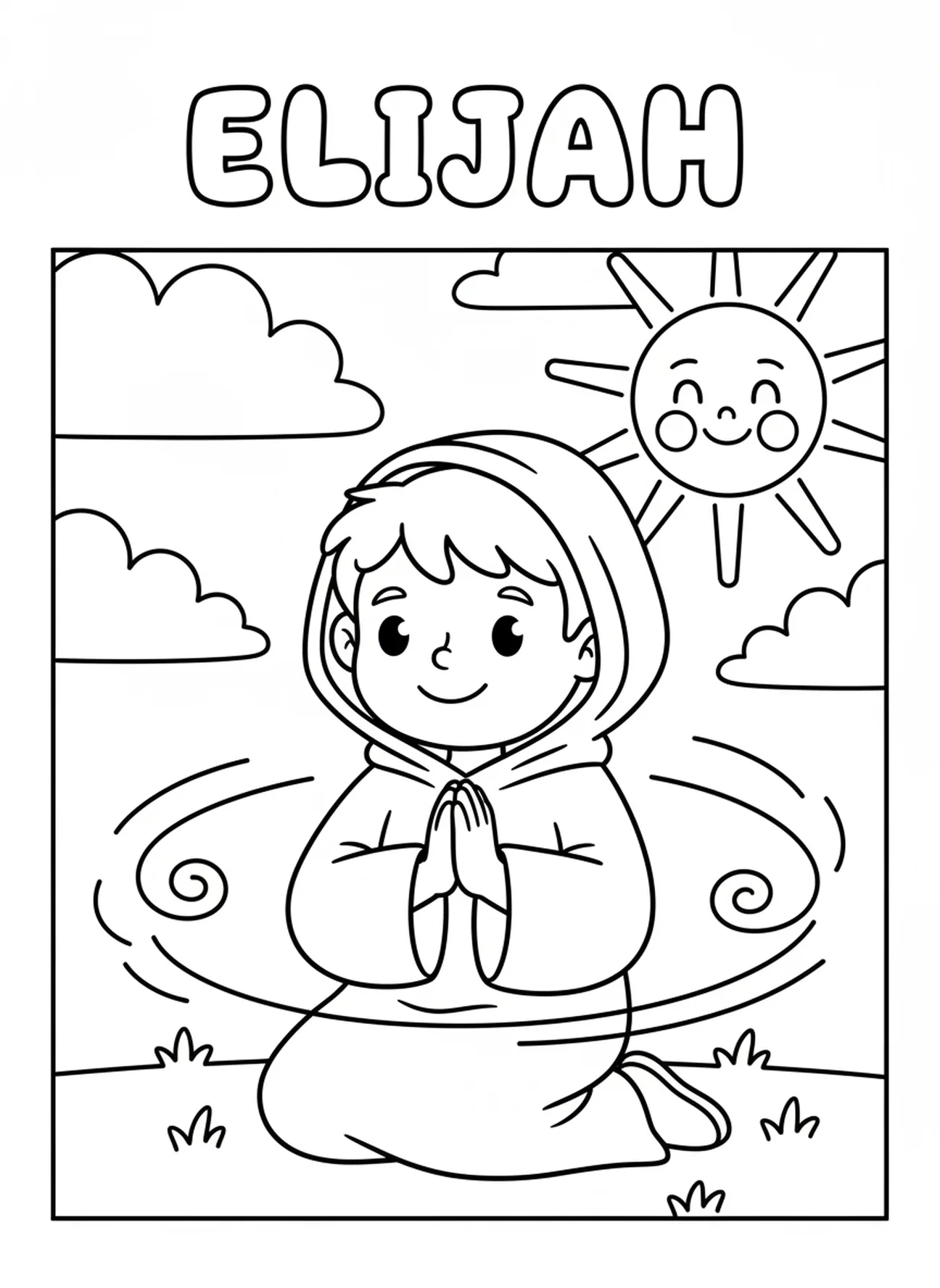 Elías sonriendo orando, página para colorear de Elías en el Monte Carmelo para niños de 3 a 5 años.