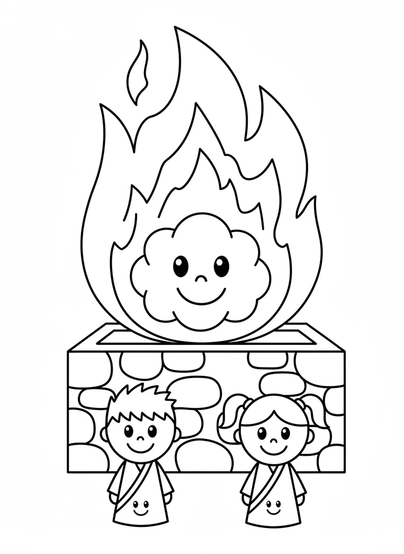 Fuego consumiendo la ofrenda, página para colorear de Elías en el Monte Carmelo para niños de 3 a 5 años.