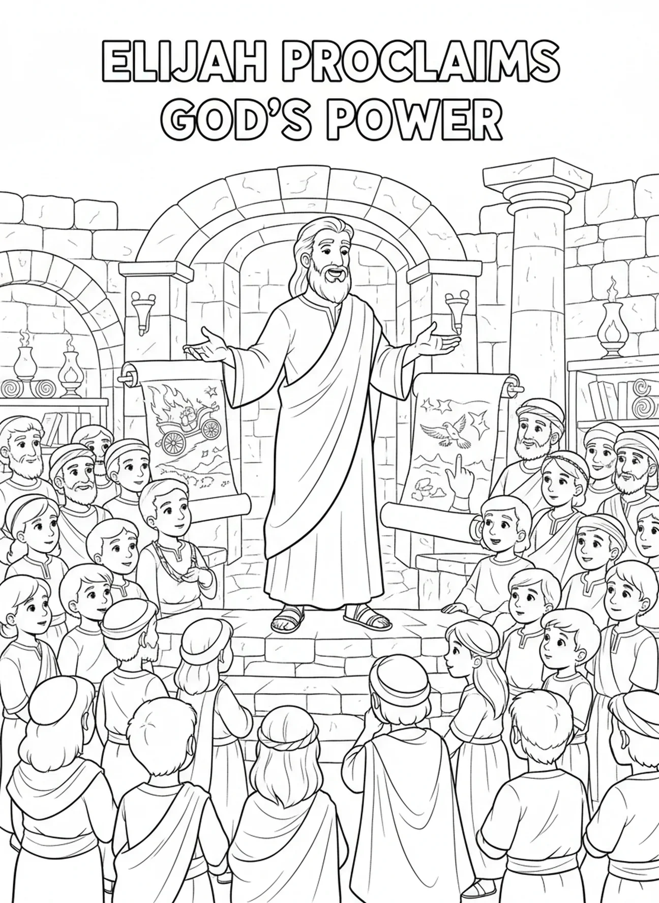 Elia legt de kracht van God uit, kleurplaat van Elia op de berg Karmel voor Zondagsschoolkinderen van 5-12 jaar.