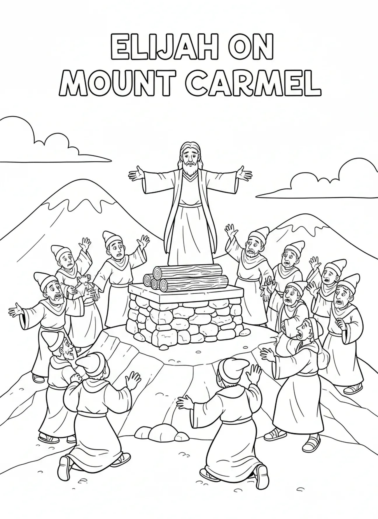Elia auf dem Berg Karmel, Malvorlage für Kinder im Alter von 5-10 Jahren.