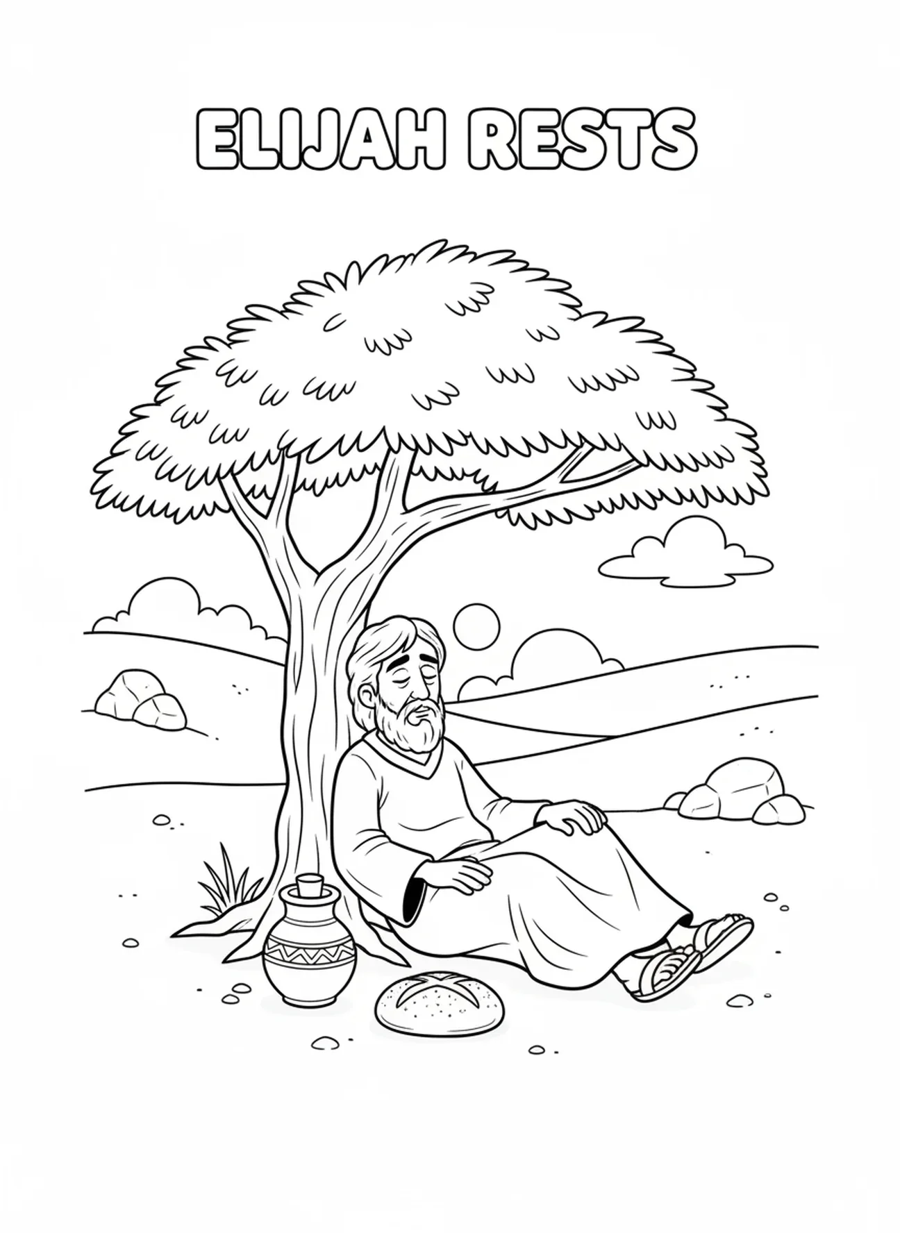 Elia ruht unter einem Wacholderbaum, Elia Prophet Malvorlage für Kinder im Alter von 5-10 Jahren.