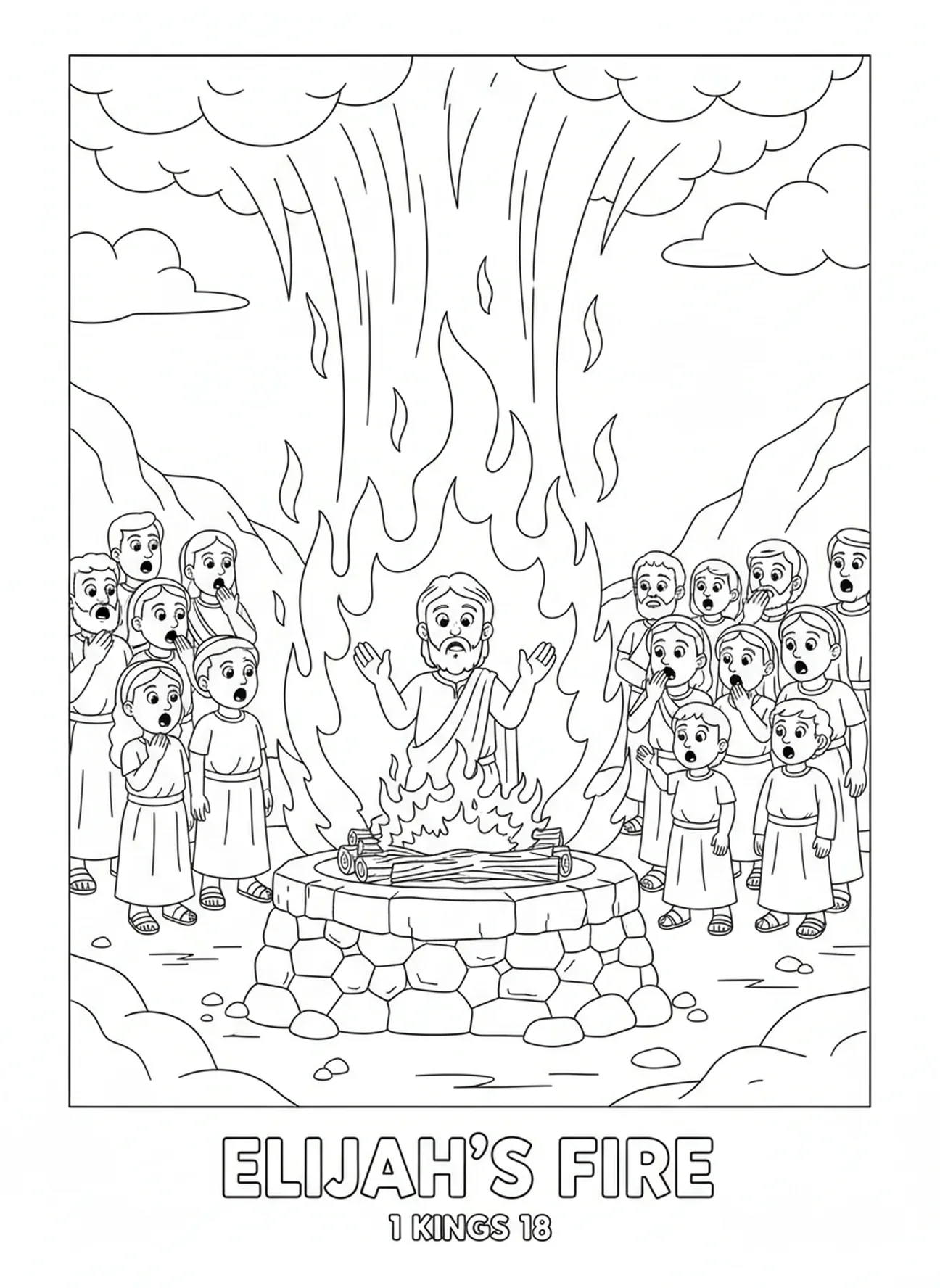 Elia betet mit Feuer vom Himmel, Ausmalbild des Propheten Elia für Kinder im Alter von 5-10 Jahren.