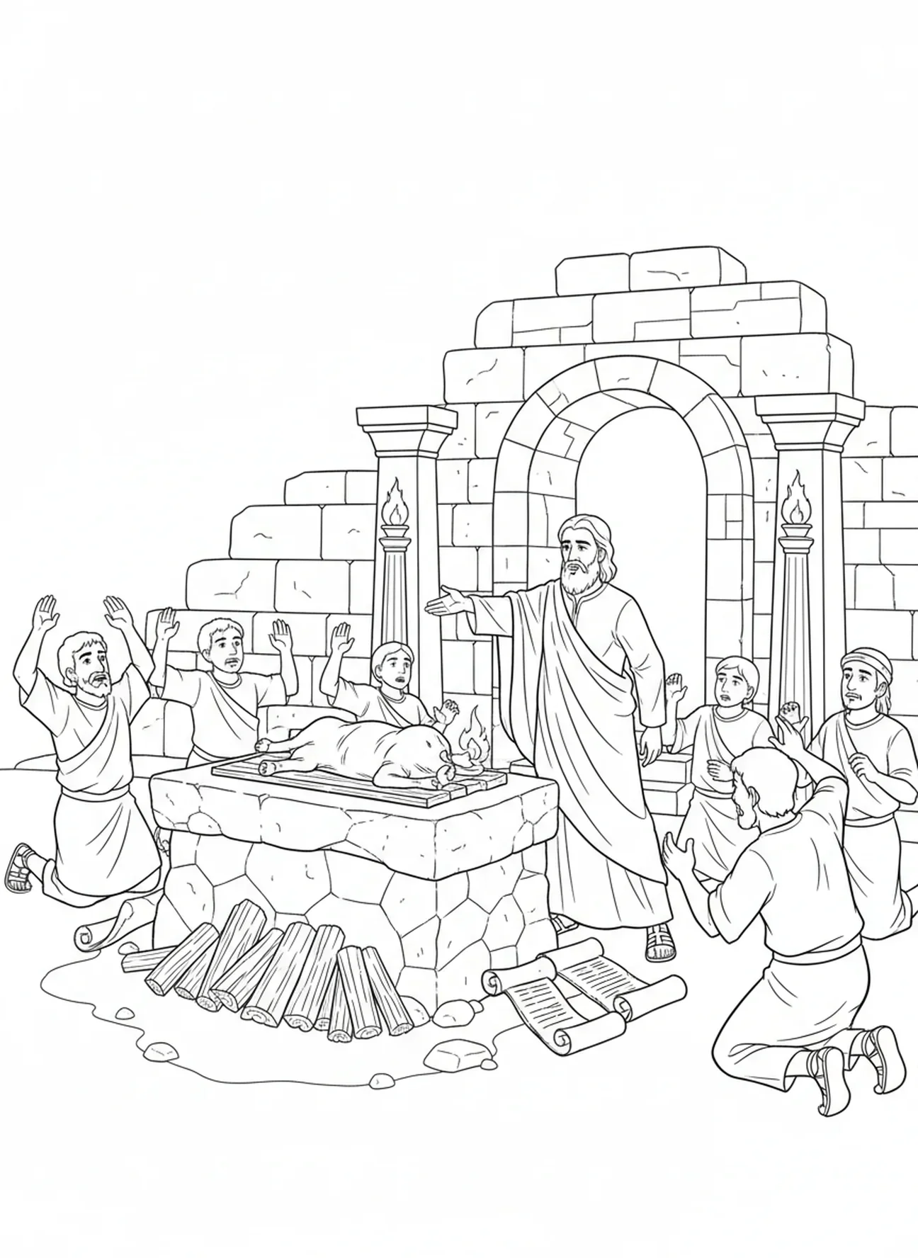 Elia konfrontiert die Propheten, Ausmalbild von Elia für die Sonntagsschule für Kinder im Alter von 5-12 Jahren.