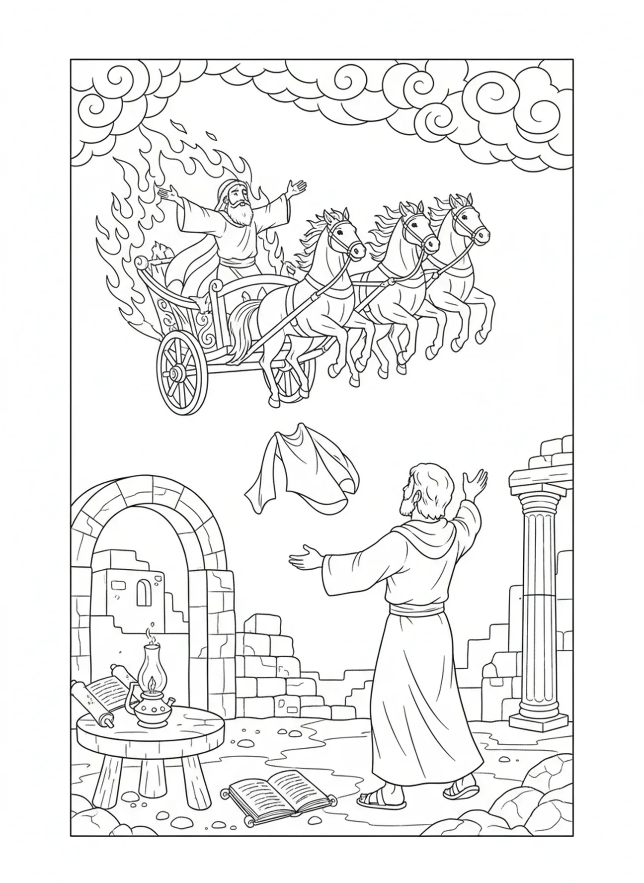 Feuerwagen mit Elia, Ausmalbild für die Sonntagsschule für Kinder im Alter von 5-12 Jahren.