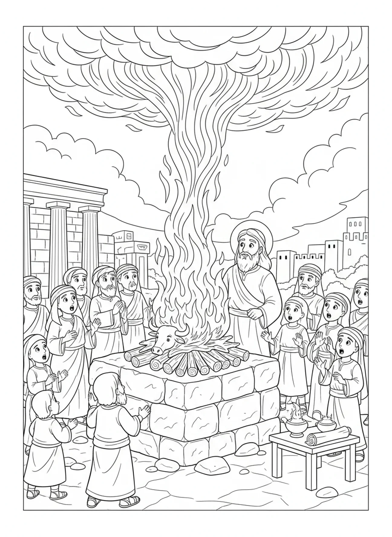 Feuer, das vom Himmel herabkommt, Ausmalbild für den Propheten Elia für die Sonntagsschule für Kinder im Alter von 5-12 Jahren.