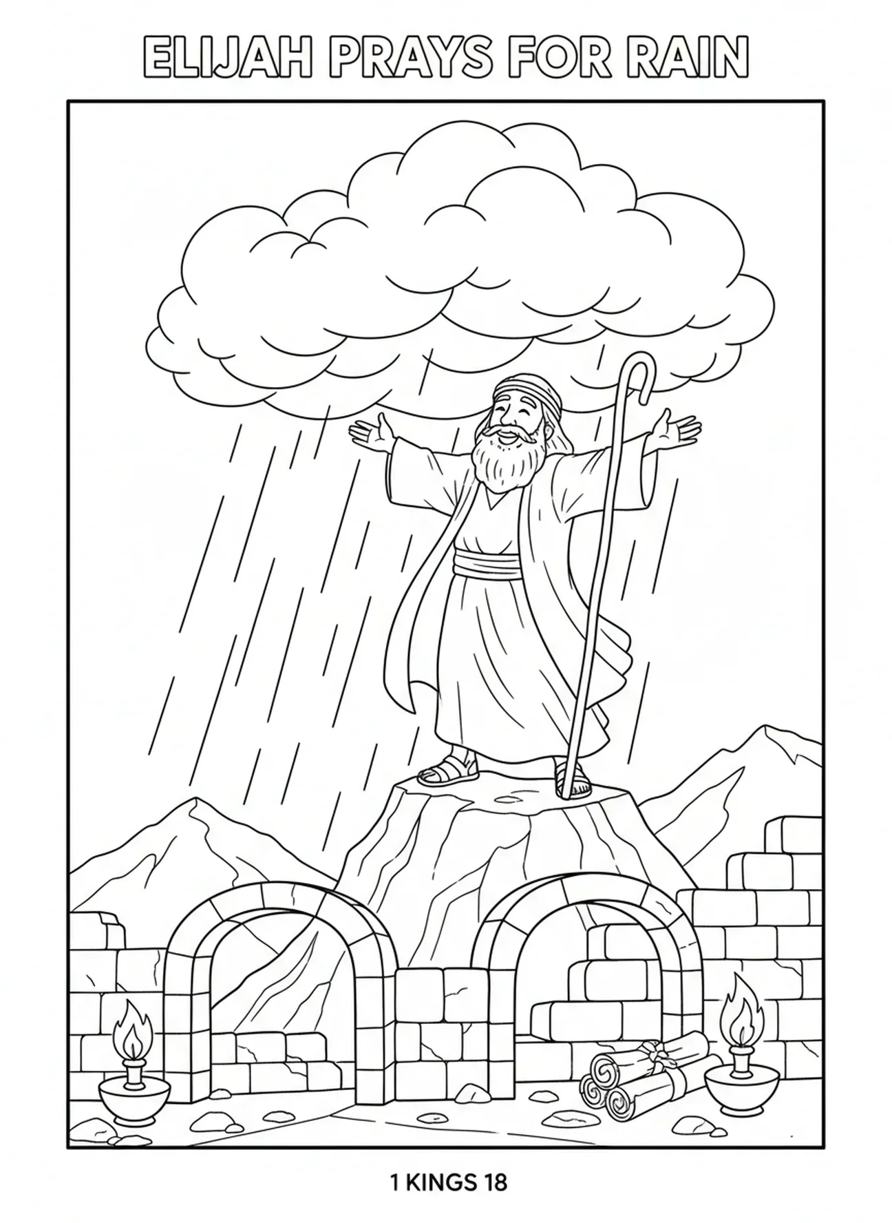 Elia sieht dunkle Wolken, Ausmalbild für den Propheten Elia für die Sonntagsschule für Kinder im Alter von 5-12 Jahren.