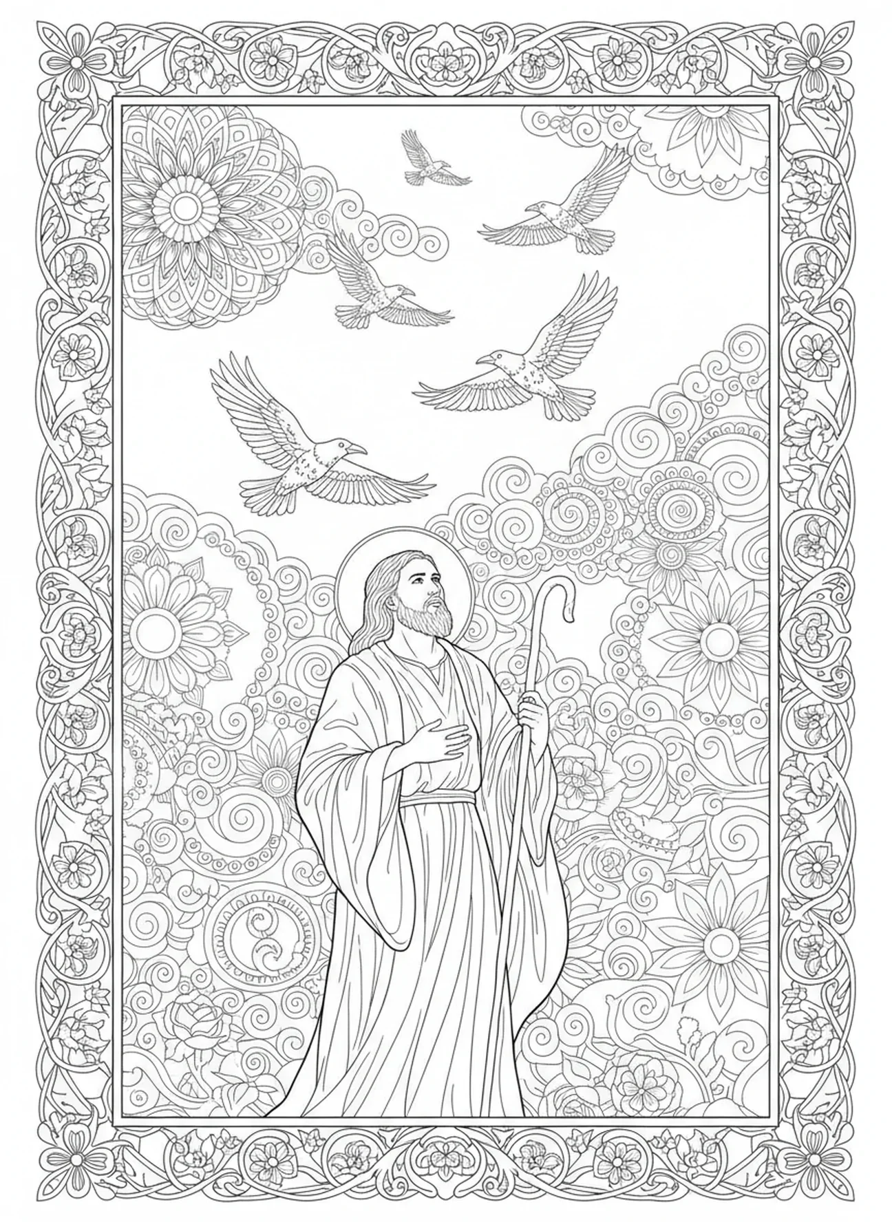 Kruki latające nad Eliaszem, kolorowanka dla dorosłych w stylu journalingu biblijnego.