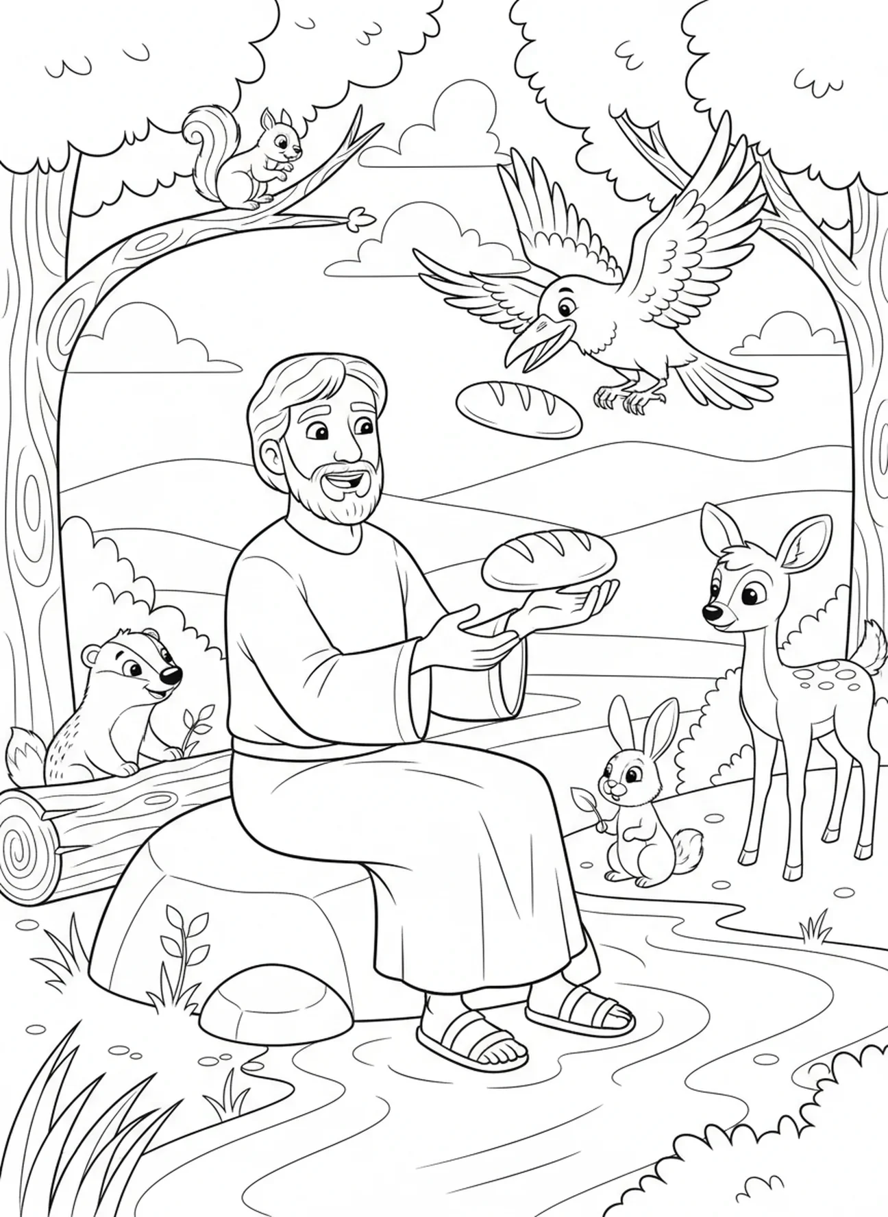 Elias com animais, página para colorir de Elias e os corvos para crianças de 5 a 10 anos