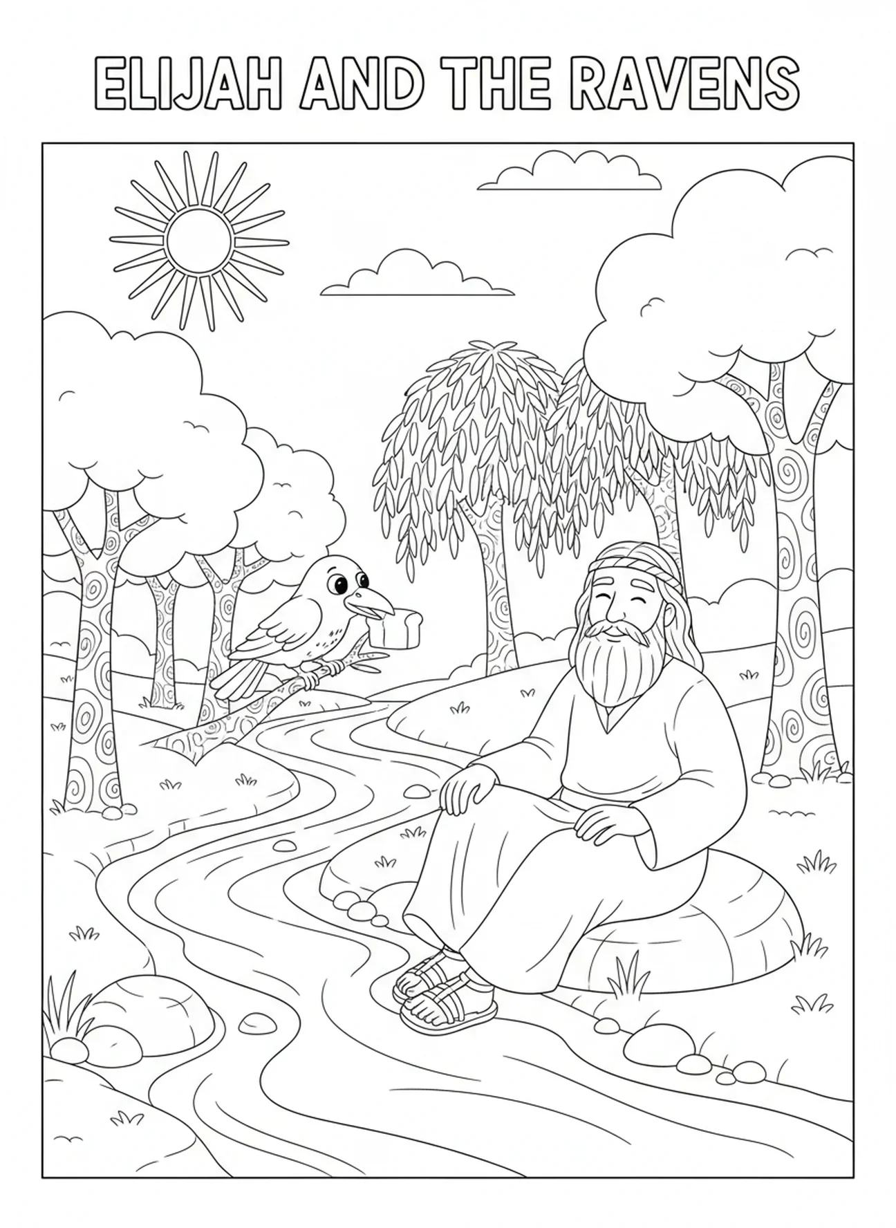 Elias descansando junto ao riacho, página para colorir de Elias e os corvos para crianças de 5 a 10 anos