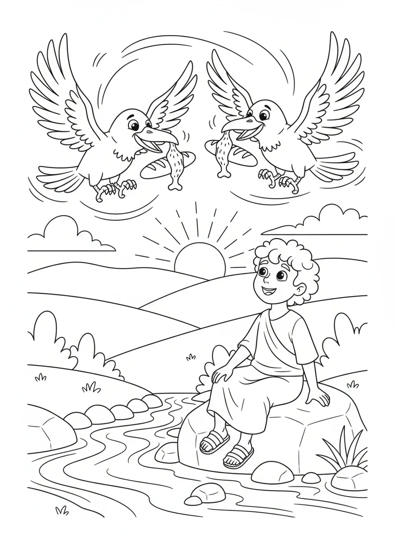 Dois corvos em desenho animado voando, página para colorir sobre Elias para crianças de 5 a 10 anos