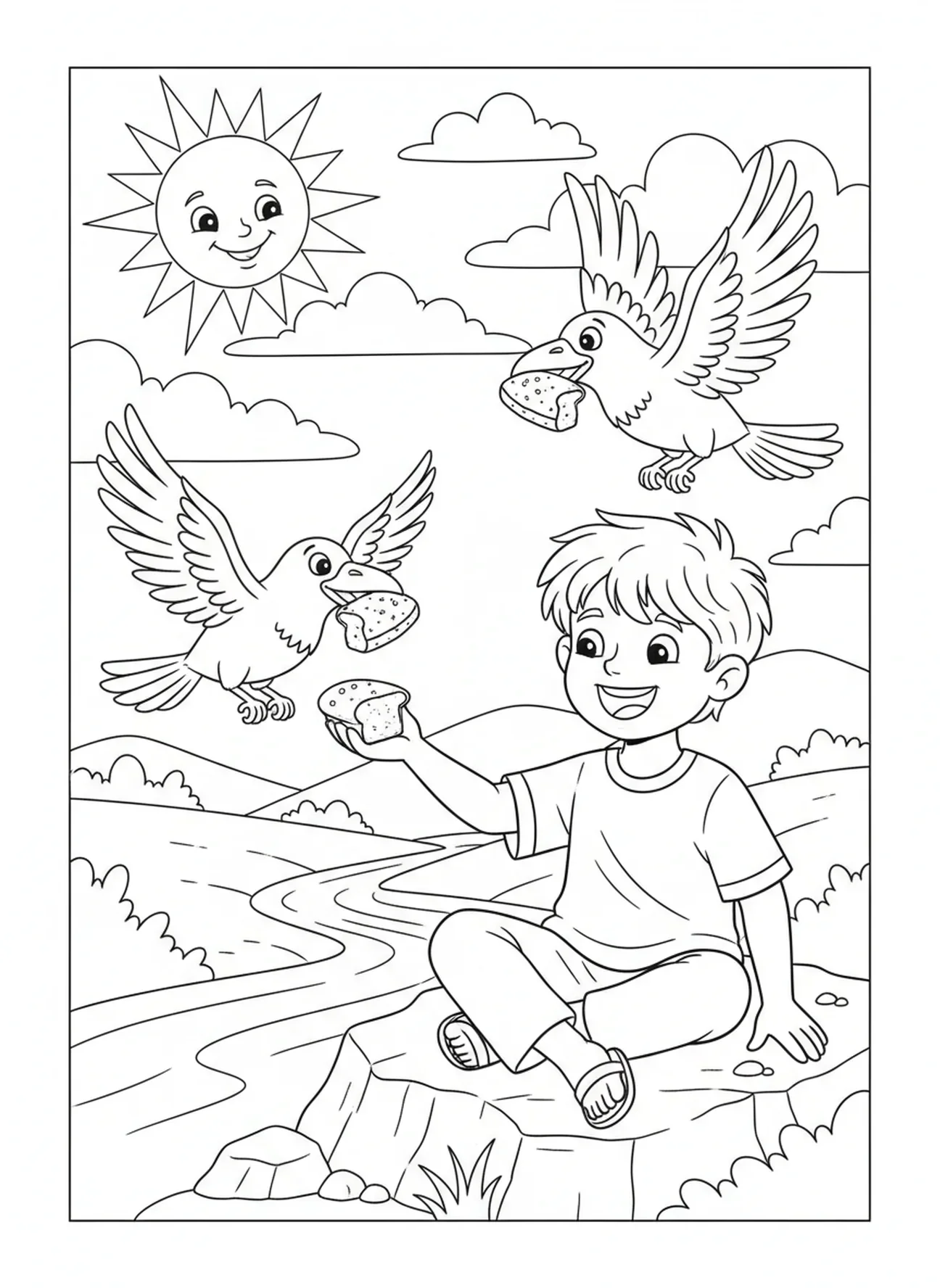 Elias sorrindo com corvos, página de colorir Elias e os Corvos para crianças de 5 a 10 anos