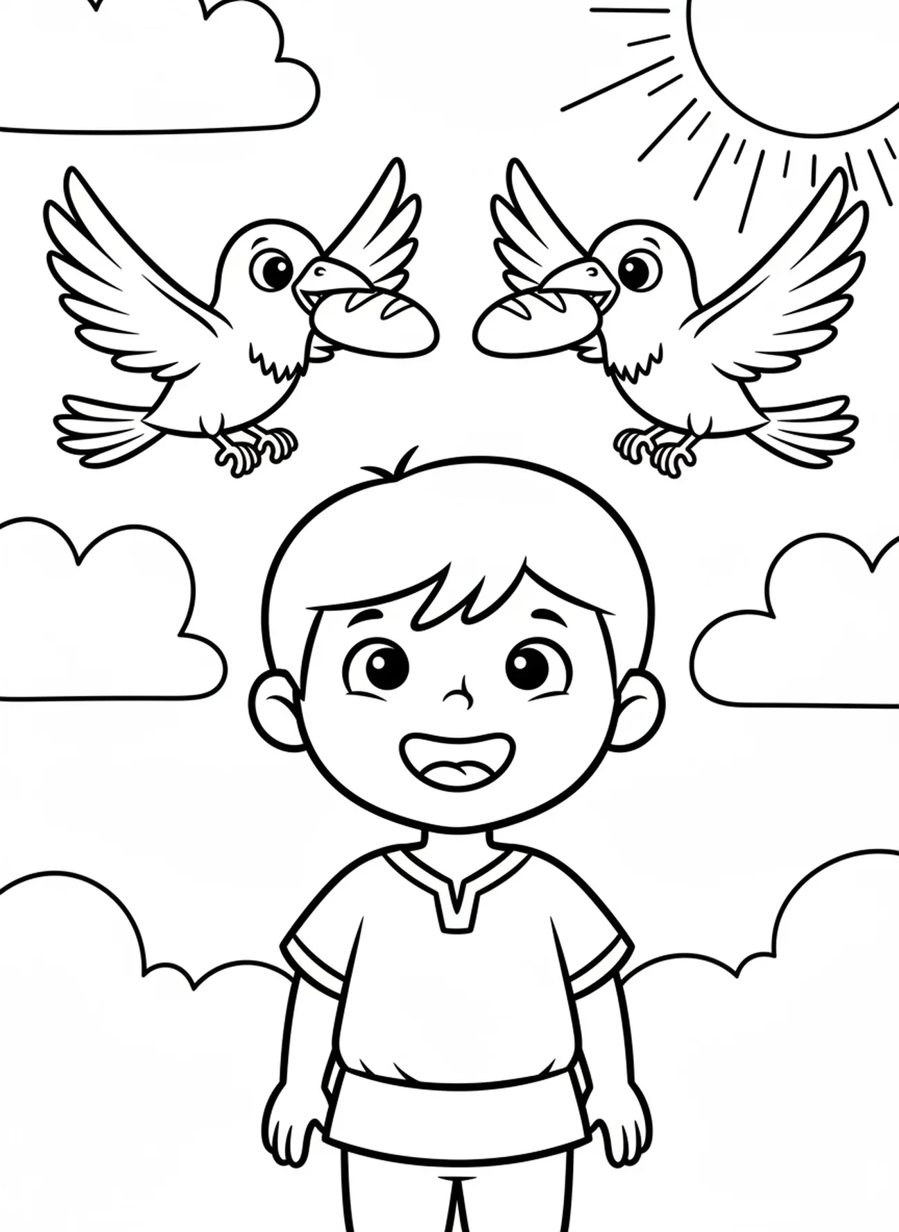 Lächelnder Elia, Ausmalbild von Elia und den Raben für Vorschulkinder im Alter von 3-5 Jahren
