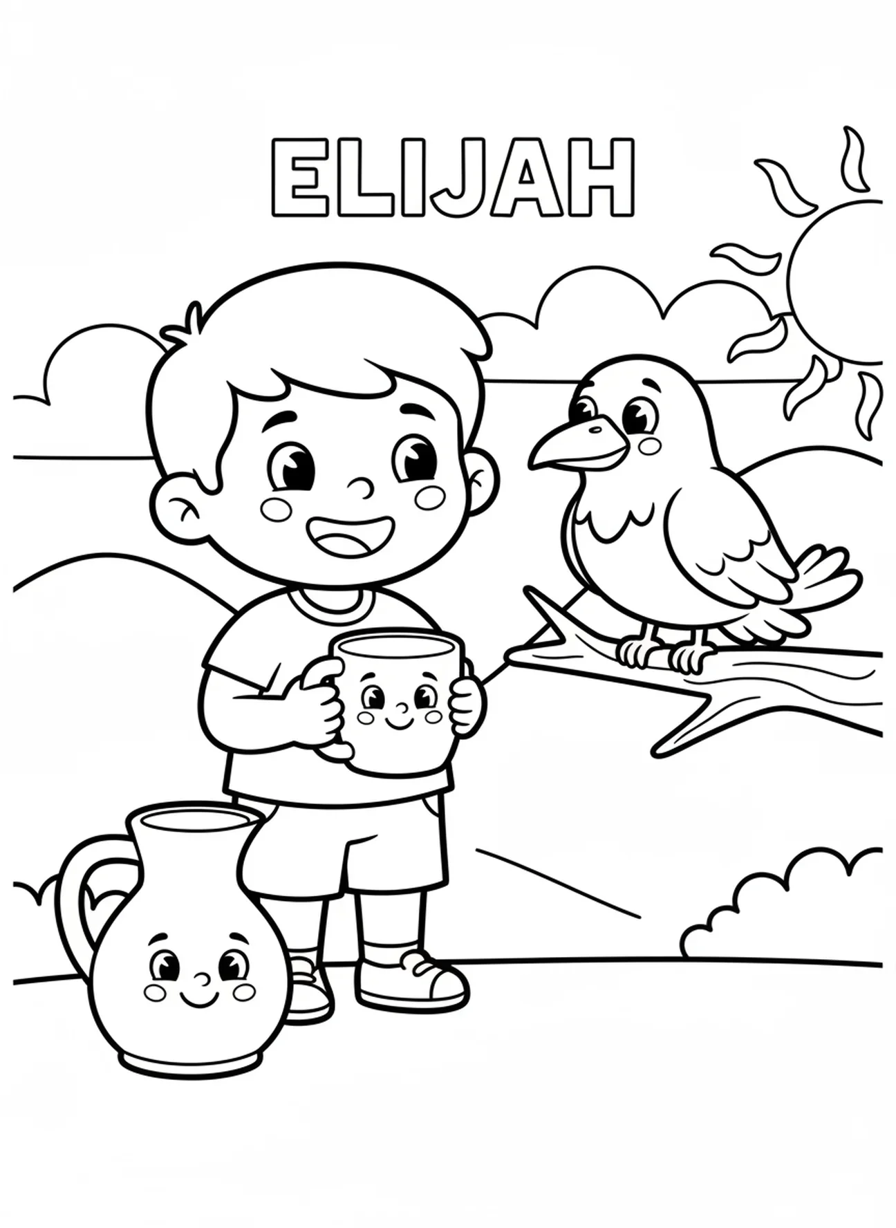 Lächelnder Elia, Ausmalbild von Elia und den Raben für Vorschulkinder im Alter von 3-5 Jahren