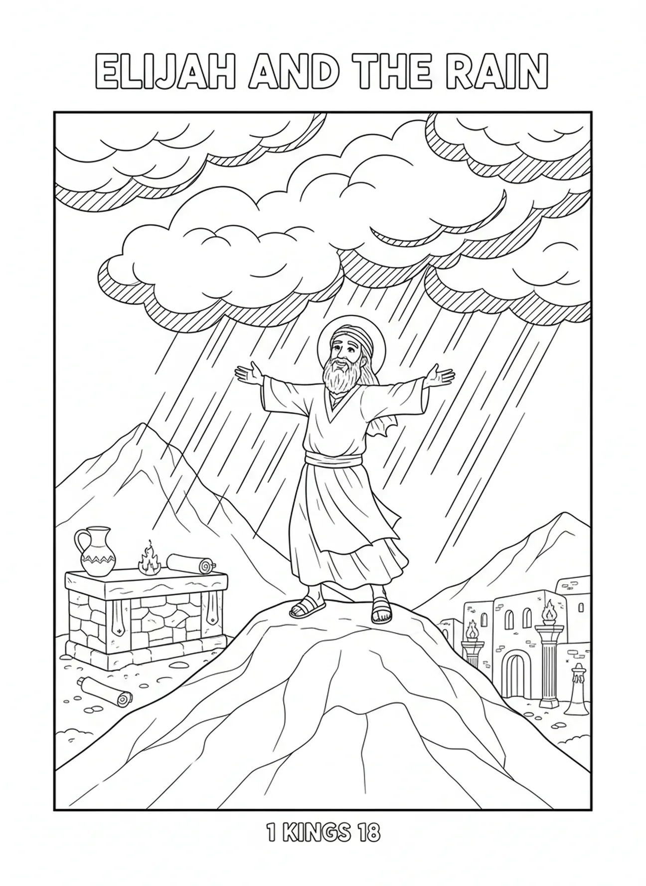 Elia blickt zu den sich sammelnden Wolken auf, Elia Raben Malvorlage für Sonntagsschulkinder im Alter von 5-12 Jahren.