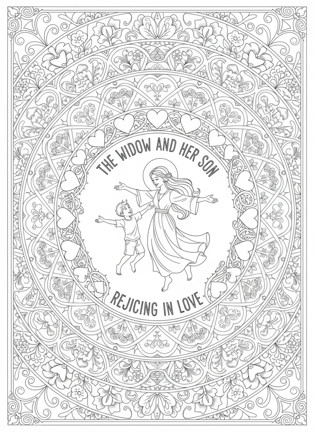 La viuda y su hijo regocijándose, página para colorear de Elías para adultos en estilo de journaling bíblico.