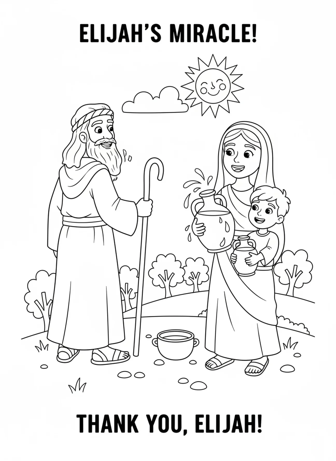 Elia segnet die Witwe, Ausmalbild für Kinder im Alter von 5-10 Jahren