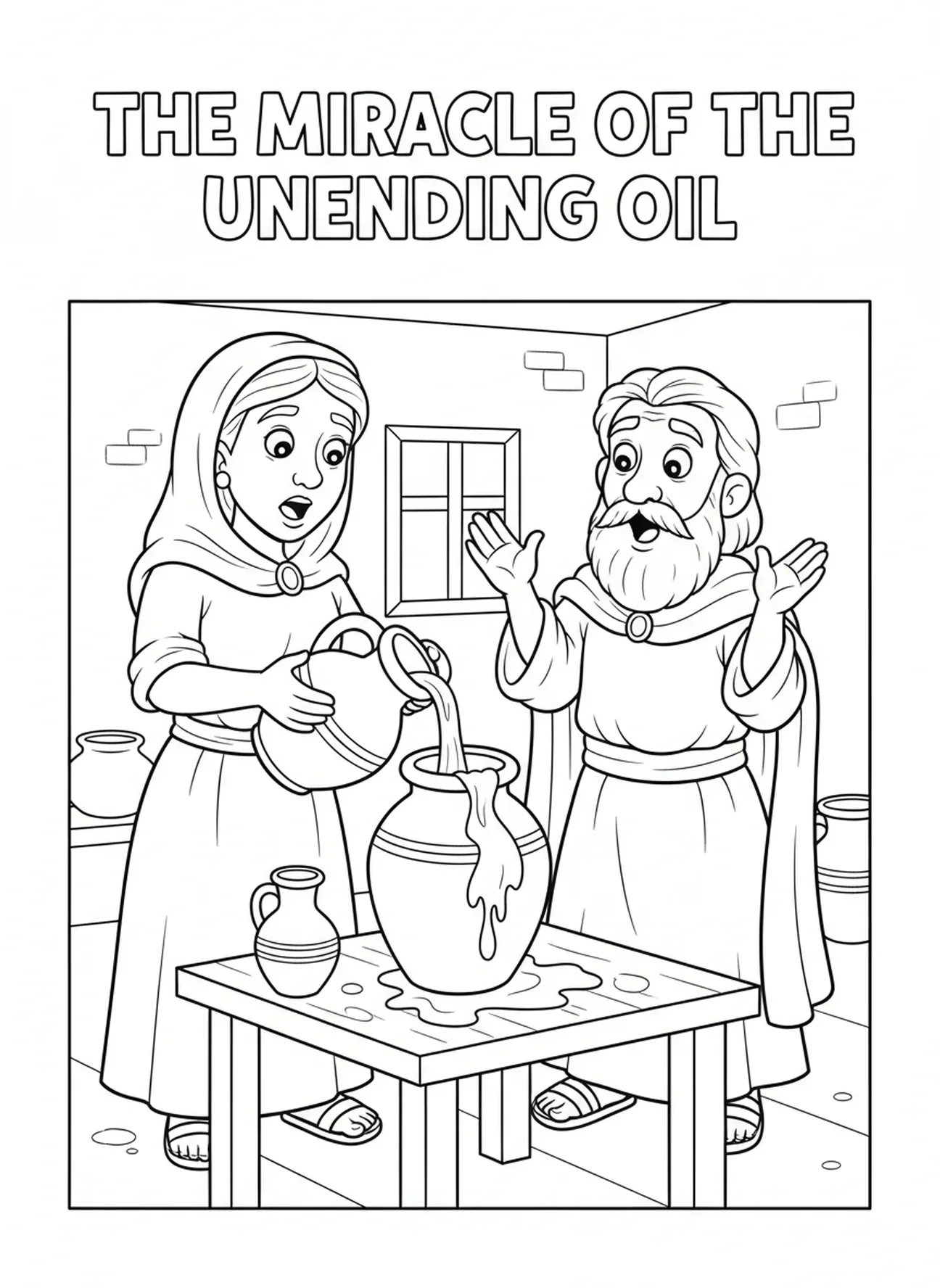 Wunder des Öls, Elia und die Witwe Ausmalbild für Kinder im Alter von 5-10 Jahren