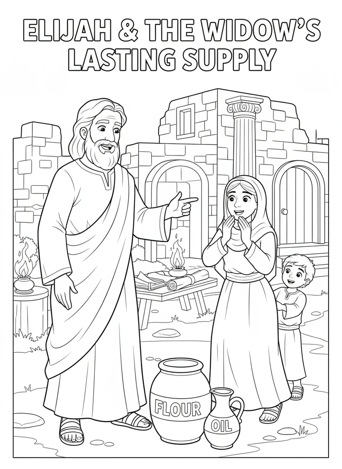 Elia verspricht Versorgung, Ausmalbild von Elia und der Witwe für die Sonntagsschule für Kinder im Alter von 5-12 Jahren