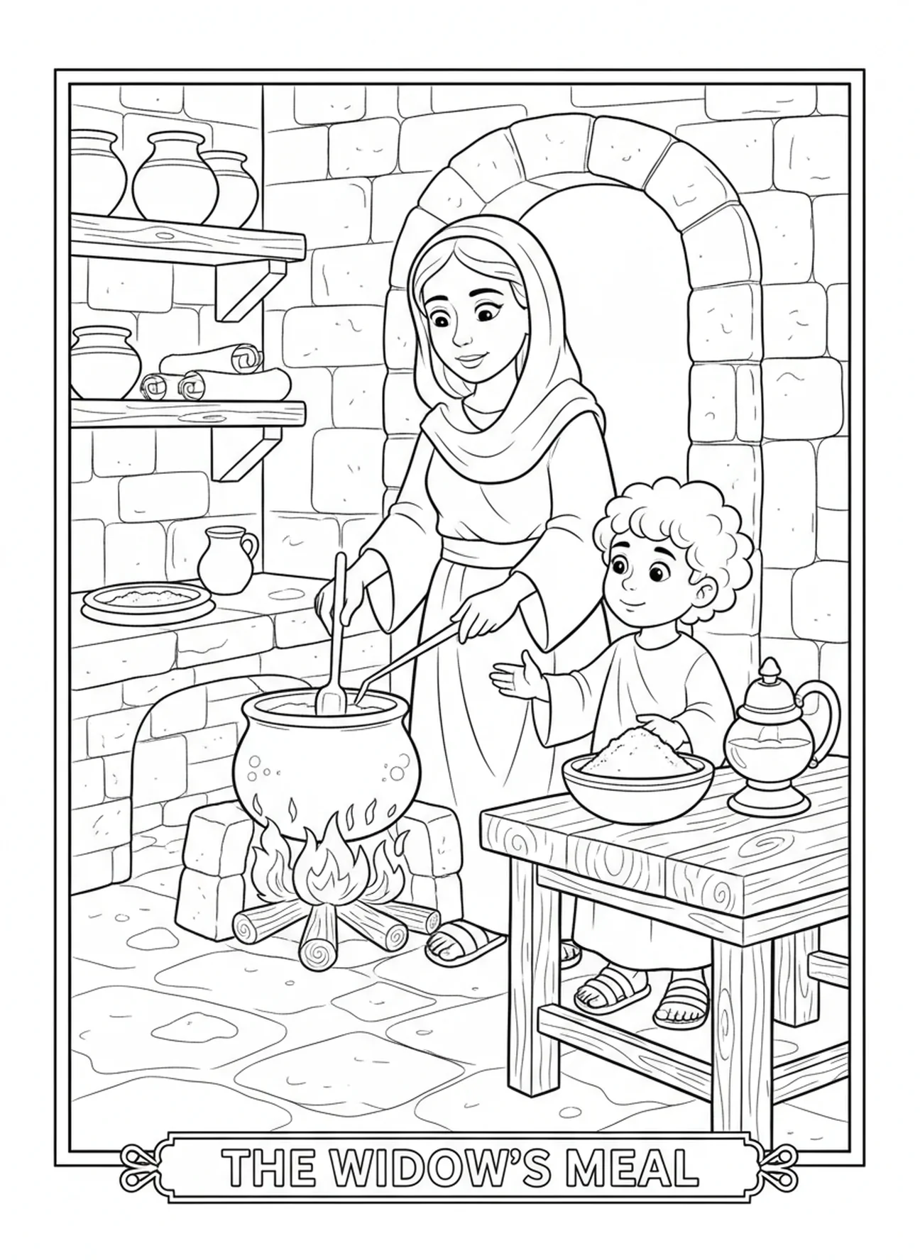 Witwe bereitet eine Mahlzeit vor, Ausmalbild für Kinder im Religionsunterricht im Alter von 5-12 Jahren