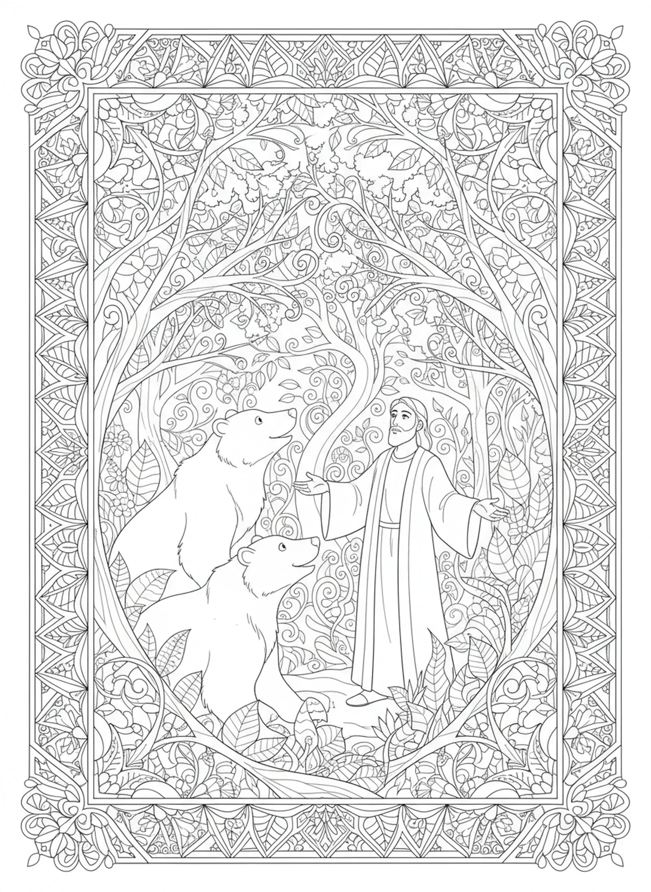 Zwei Bären, die aus dem Wald kommen, Elia Bären Malvorlage für Erwachsene im Bibel-Journaling-Stil.