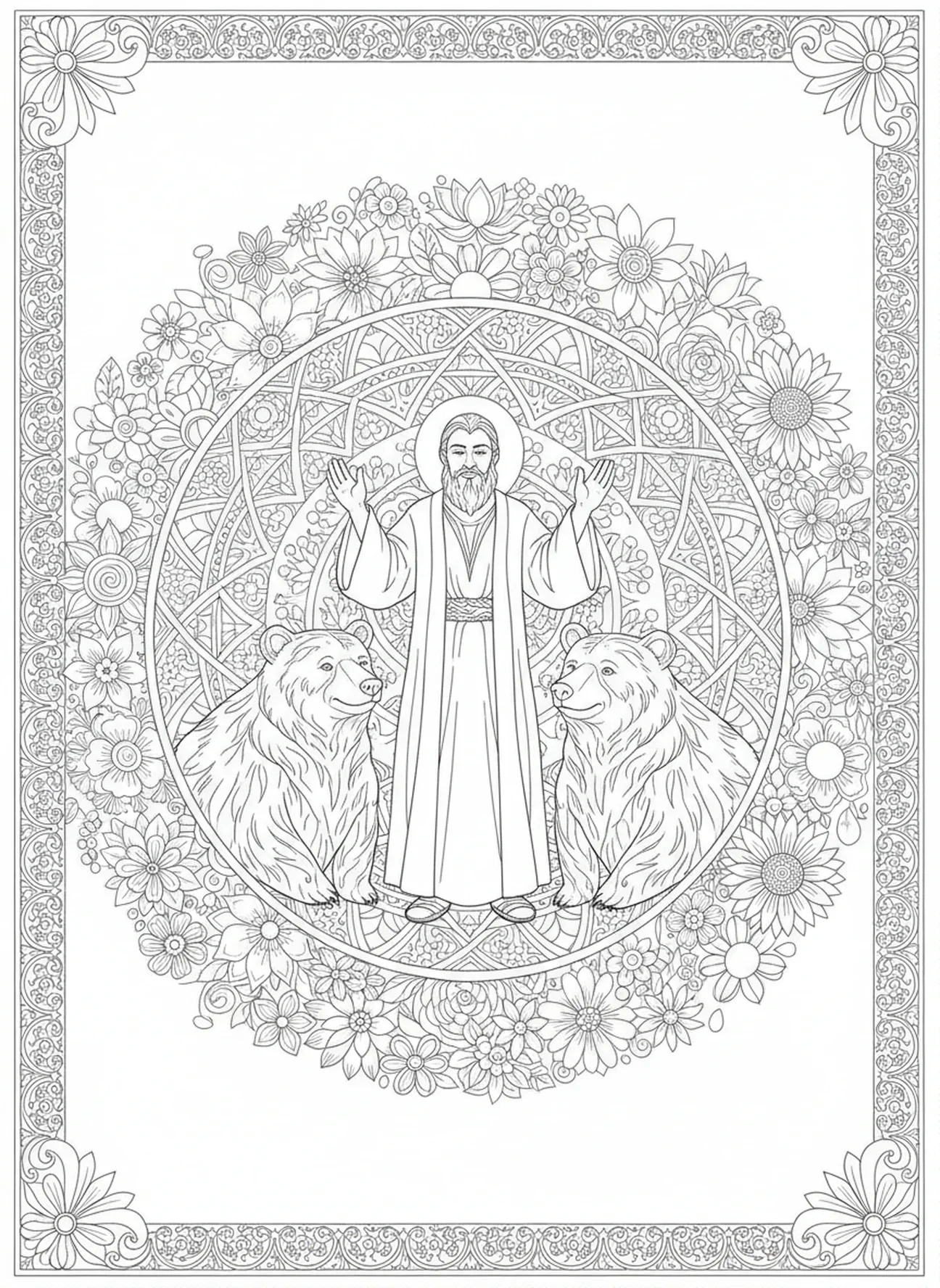 Elia segnet die Bären, Elia Bären Ausmalbild für Erwachsene im Bibel-Journaling-Stil.