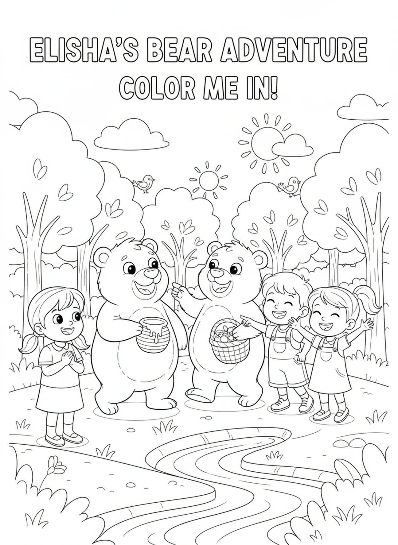 Zwei Cartoon-Bären nähern sich Kindern, Elia Bären Ausmalbild für Kinder im Alter von 5-10 Jahren.