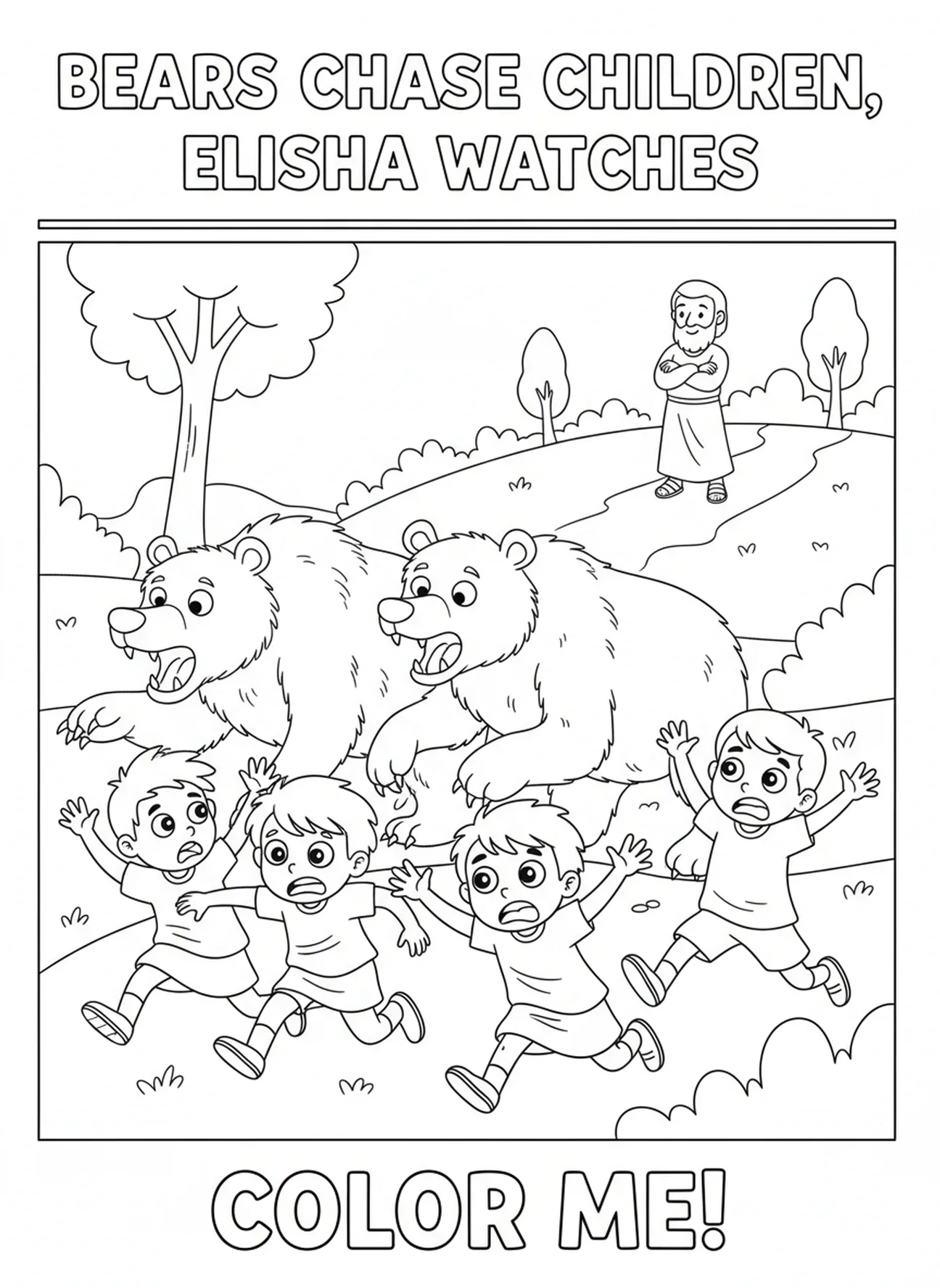 Bären jagen Kinder, die panisch weglaufen, Elia Bären Malvorlage für Kinder im Alter von 5-10 Jahren.