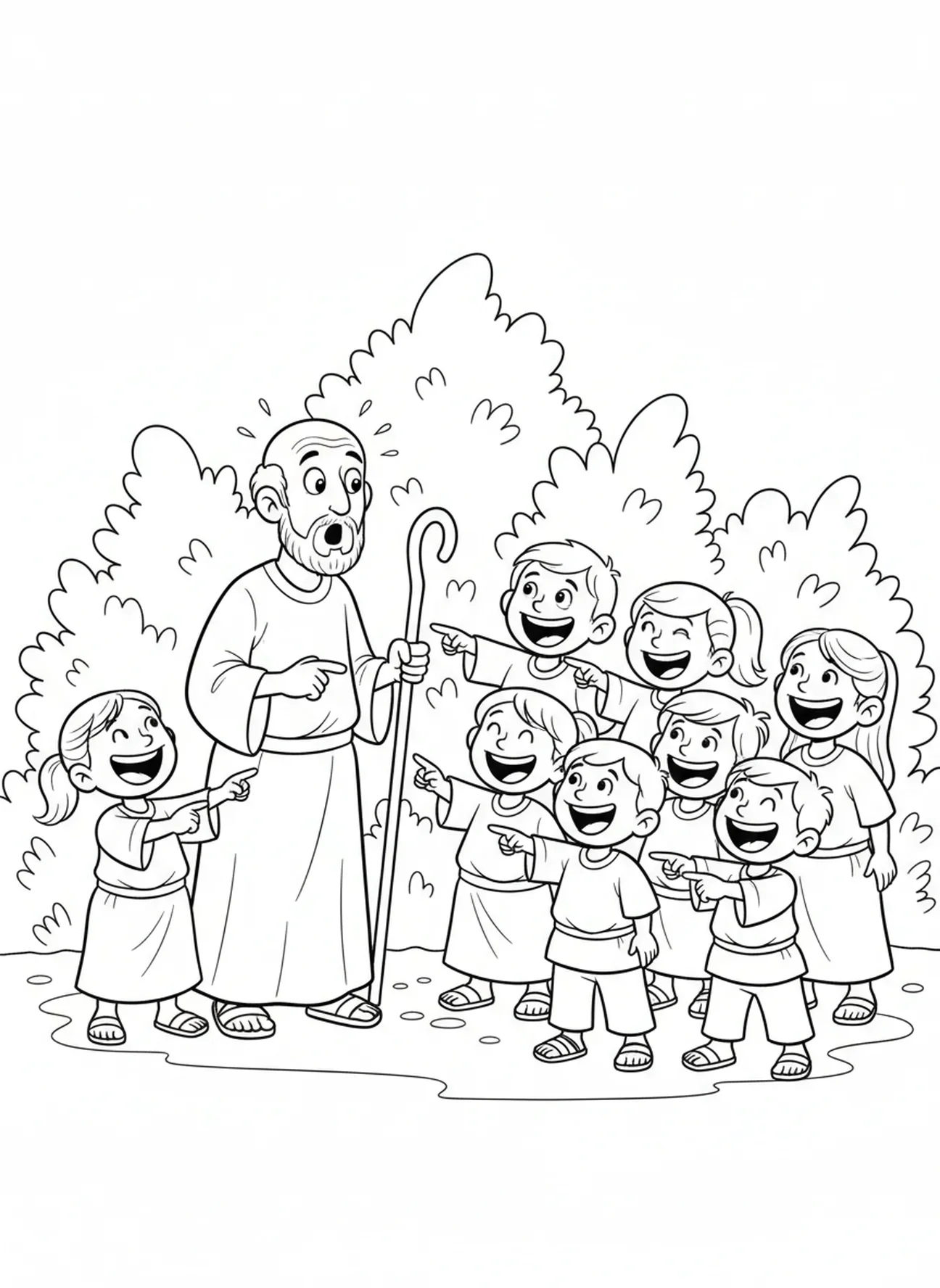 Gruppe von Kindern, die zeigen und lachen, Elia Bären Malvorlage für Kinder im Alter von 5-10 Jahren.