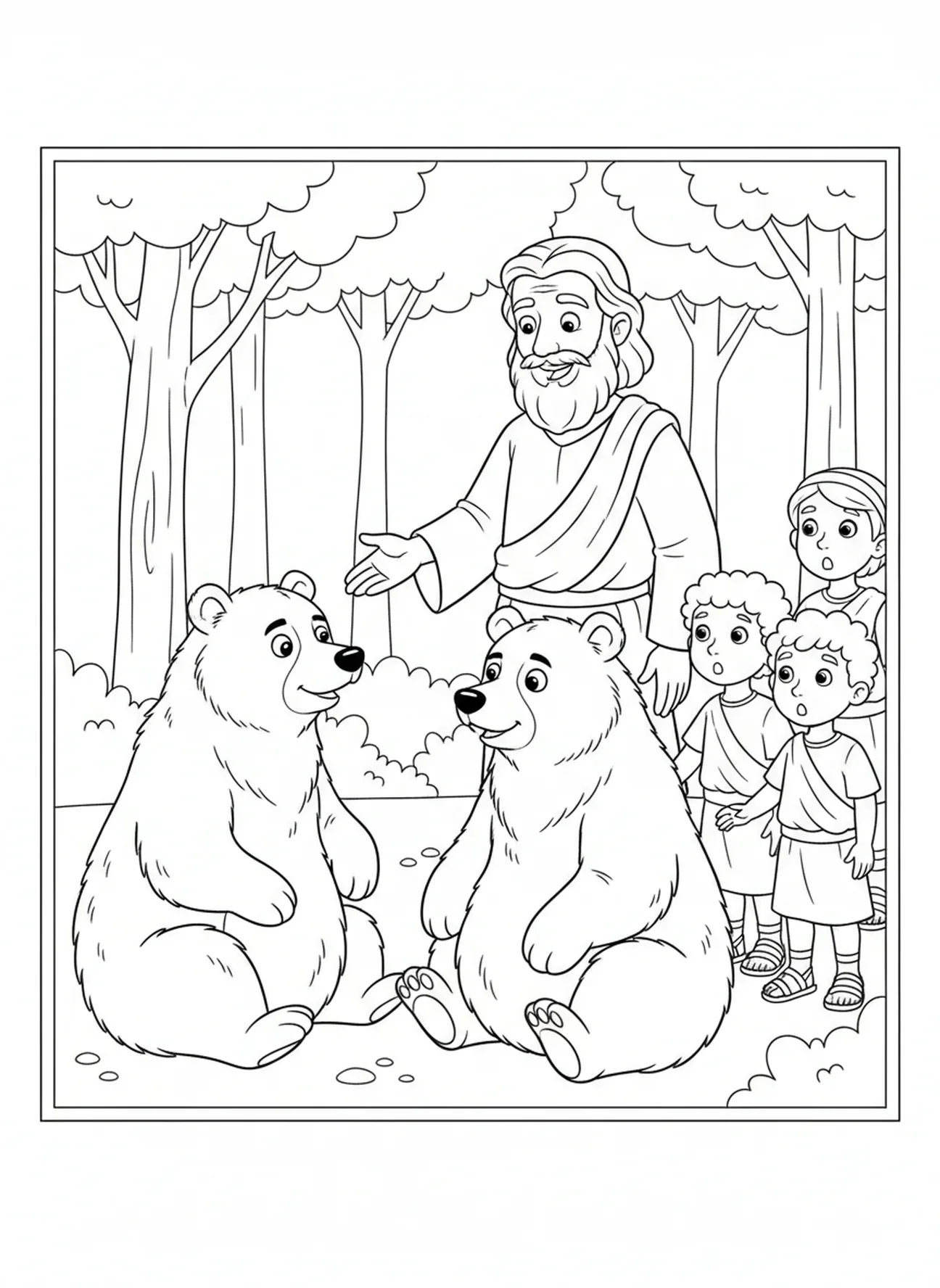 Elia lächelt zwei friedlichen Bären zu, Ausmalbild Elia für Kinder im Alter von 5-10 Jahren.