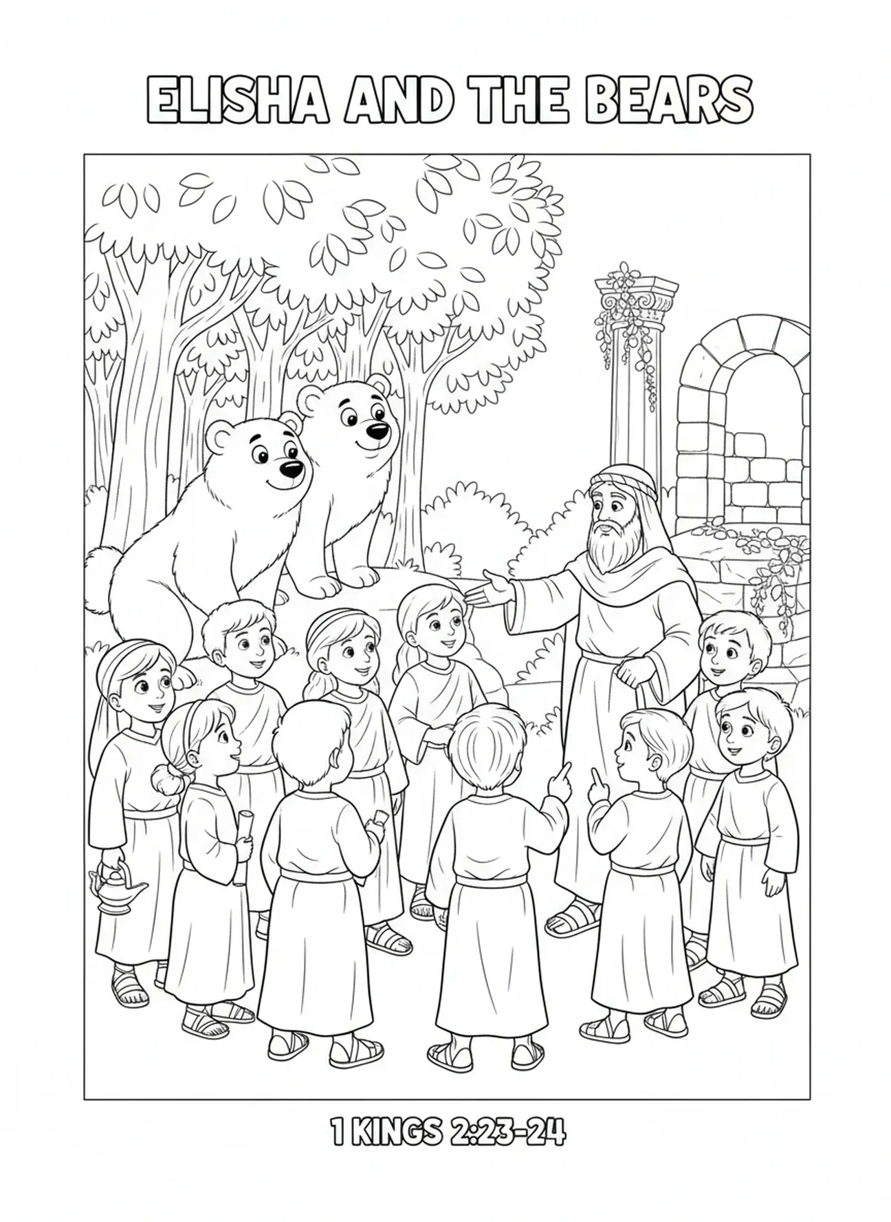 Deux ours en dessin animé, page à colorier d'Élisée pour les enfants de catéchisme âgés de 5 à 12 ans.