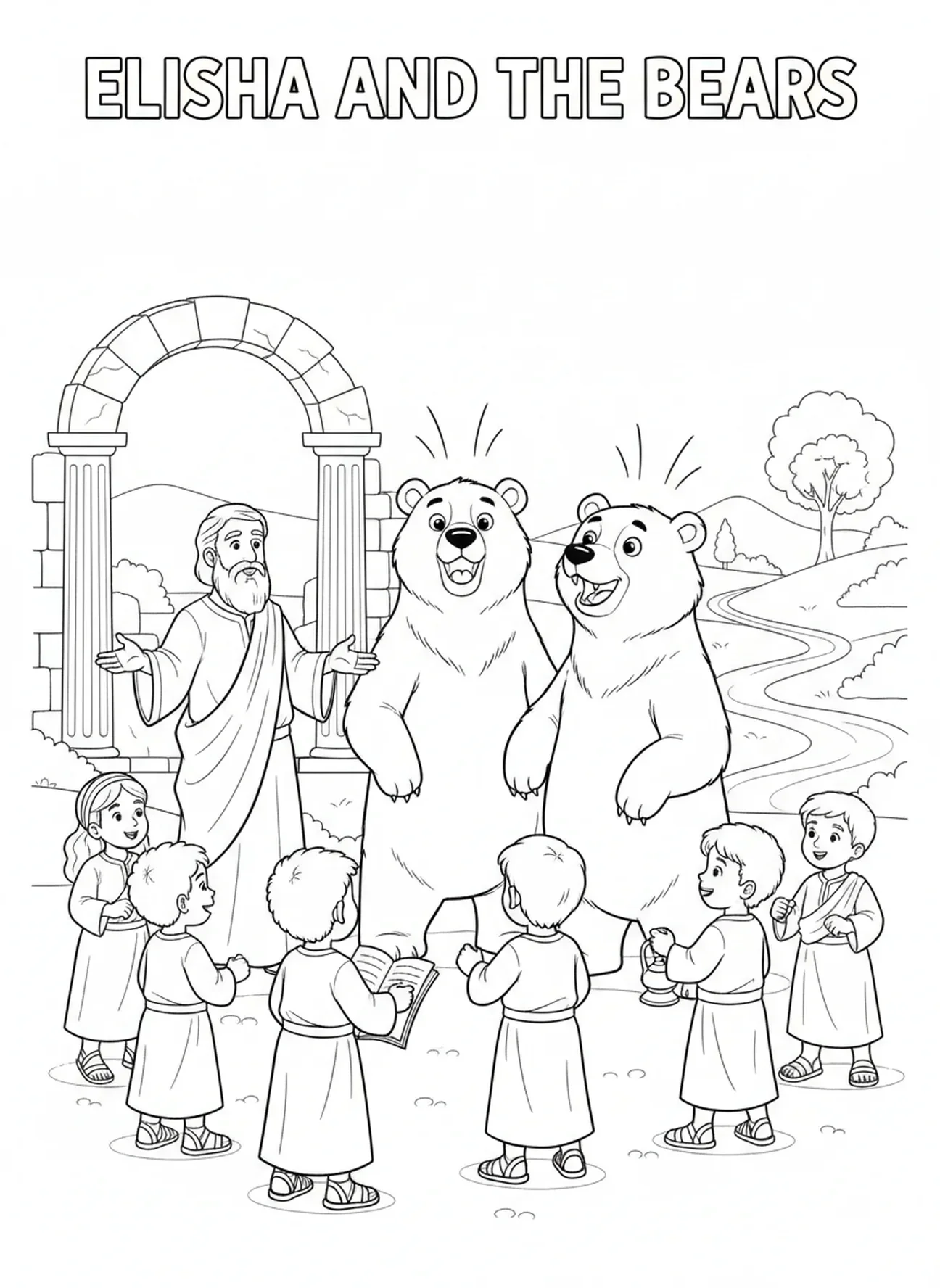 Ours rugissant de manière ludique, page à colorier d'Élisée pour les enfants de l'École du dimanche âgés de 5 à 12 ans.