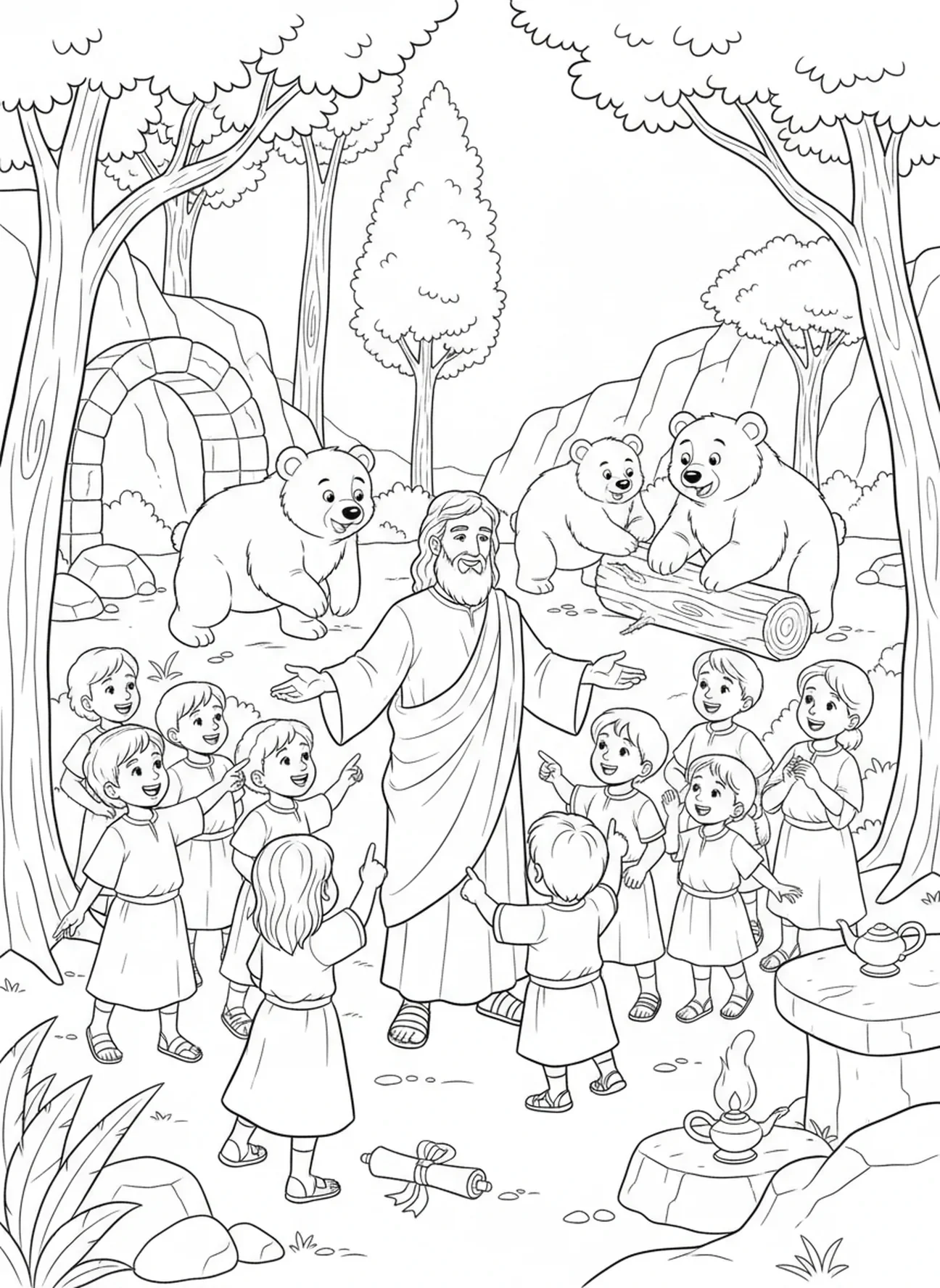 Enfants se rassemblant autour d'Élisée, page à colorier Élisée et les ours pour l'École du dimanche, enfants de 5 à 12 ans.