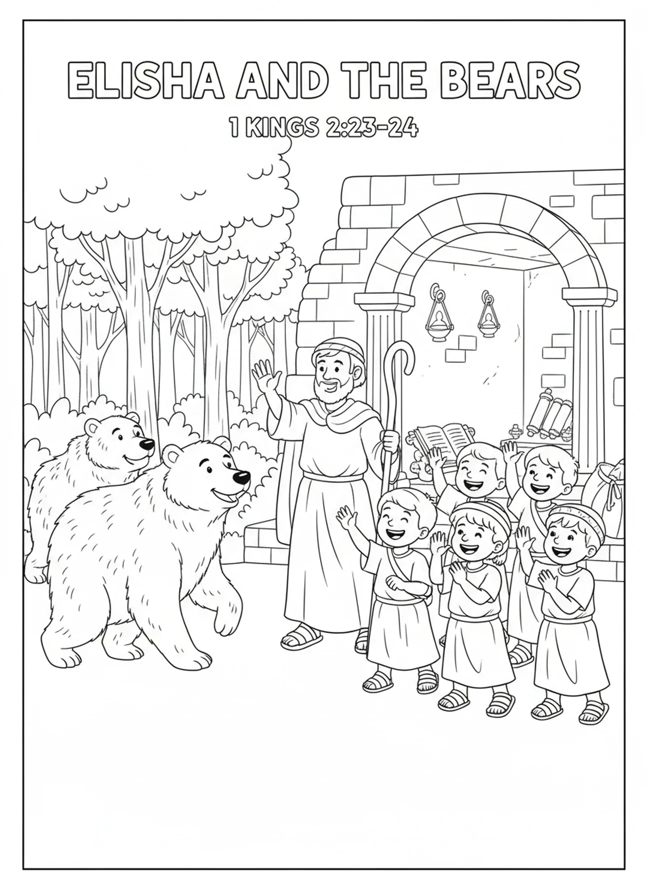 Élisée faisant ses adieux aux ours, page à colorier Élisée pour les enfants de l'École du dimanche âgés de 5 à 12 ans.