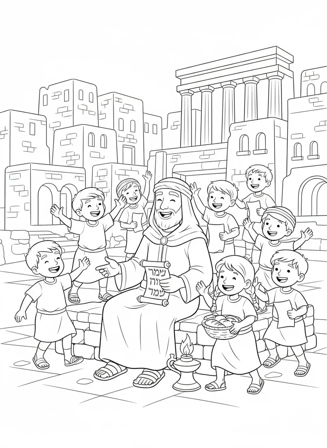 Élisée avec des enfants, page à colorier Élisée et les ours pour les enfants de l'École du dimanche âgés de 5 à 12 ans.