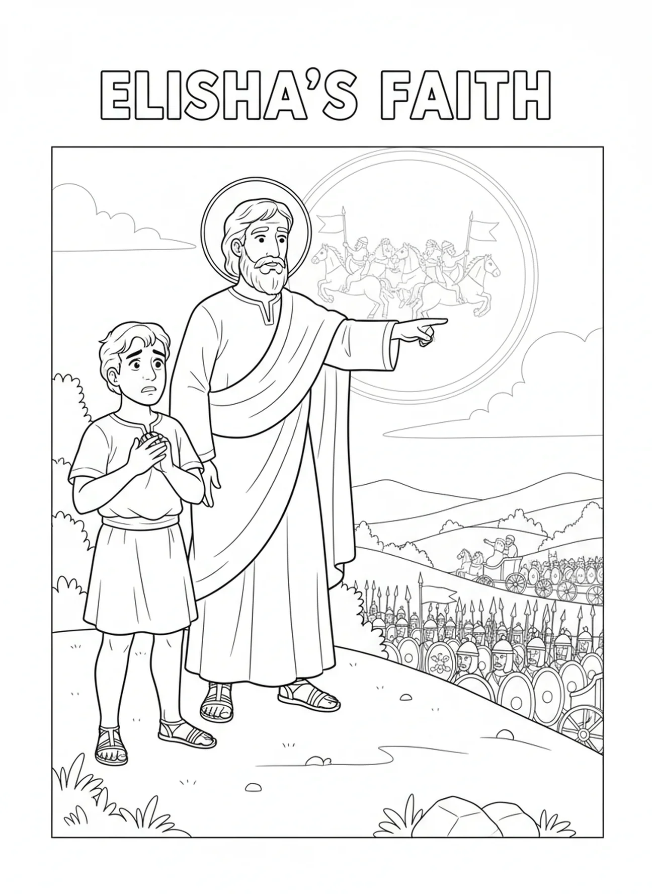 Elia zeigt auf die Armee, Ausmalbild von Elia für Kinder im Alter von 5-10 Jahren