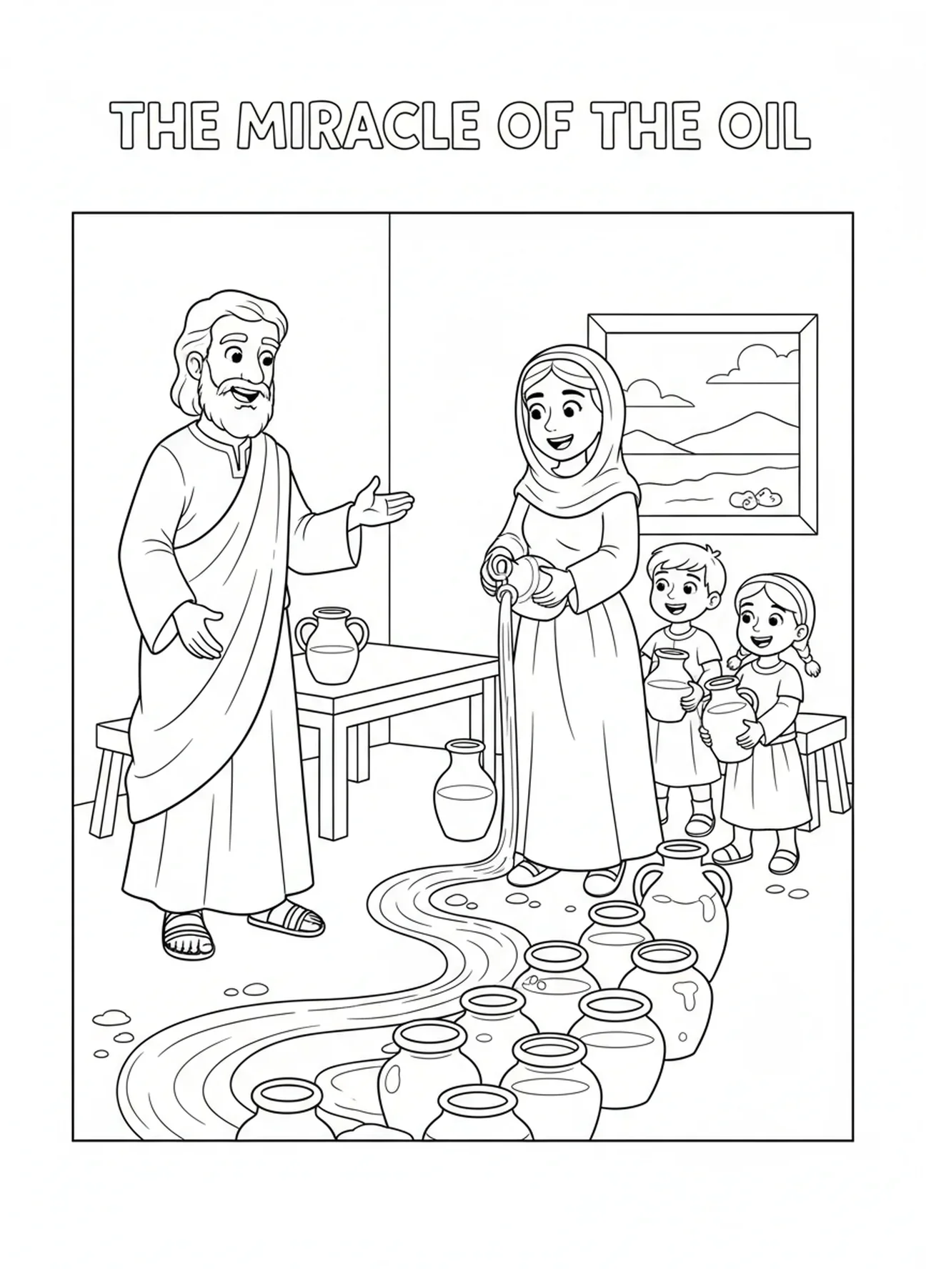 Elia mit Krügen, Ausmalbild von Elia für Kinder im Alter von 5-10 Jahren