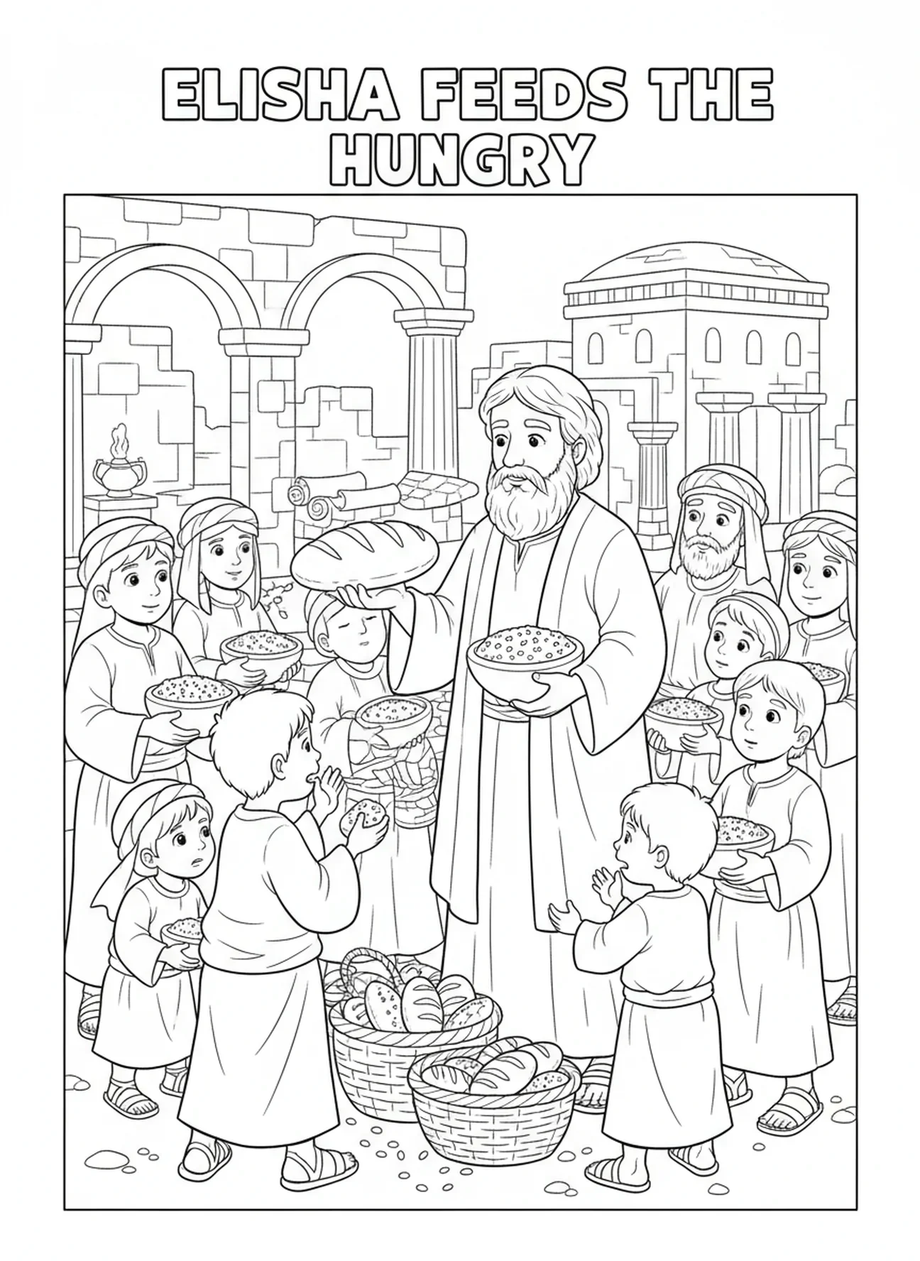Elia teilt Brot und Getreide, Ausmalbild von Elia für die Sonntagsschule für Kinder im Alter von 5-12 Jahren.