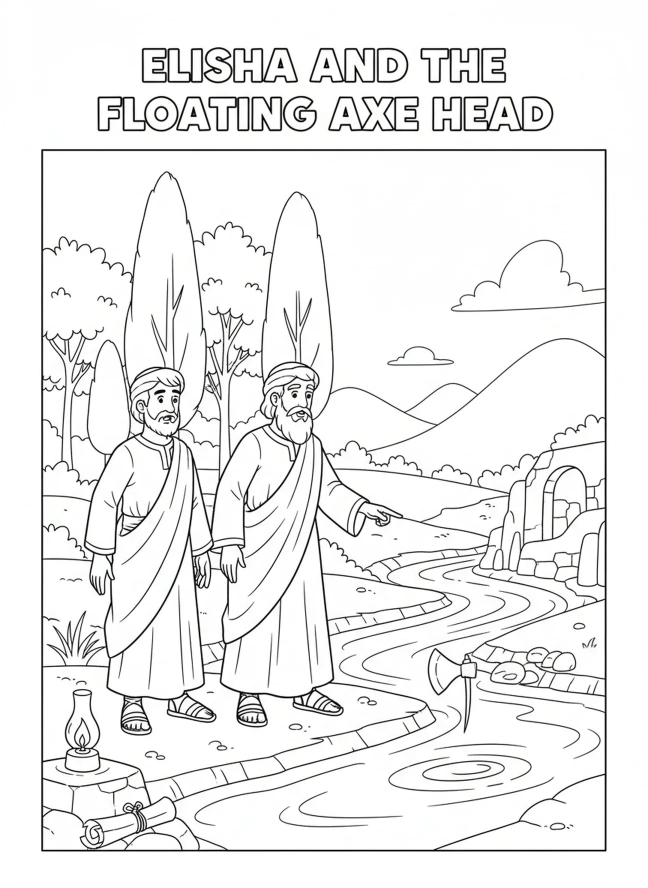 Elisa hebt eine Axtklinge aus dem Wasser, Ausmalbild von Elisa für die Sonntagsschule für Kinder im Alter von 5-12 Jahren.