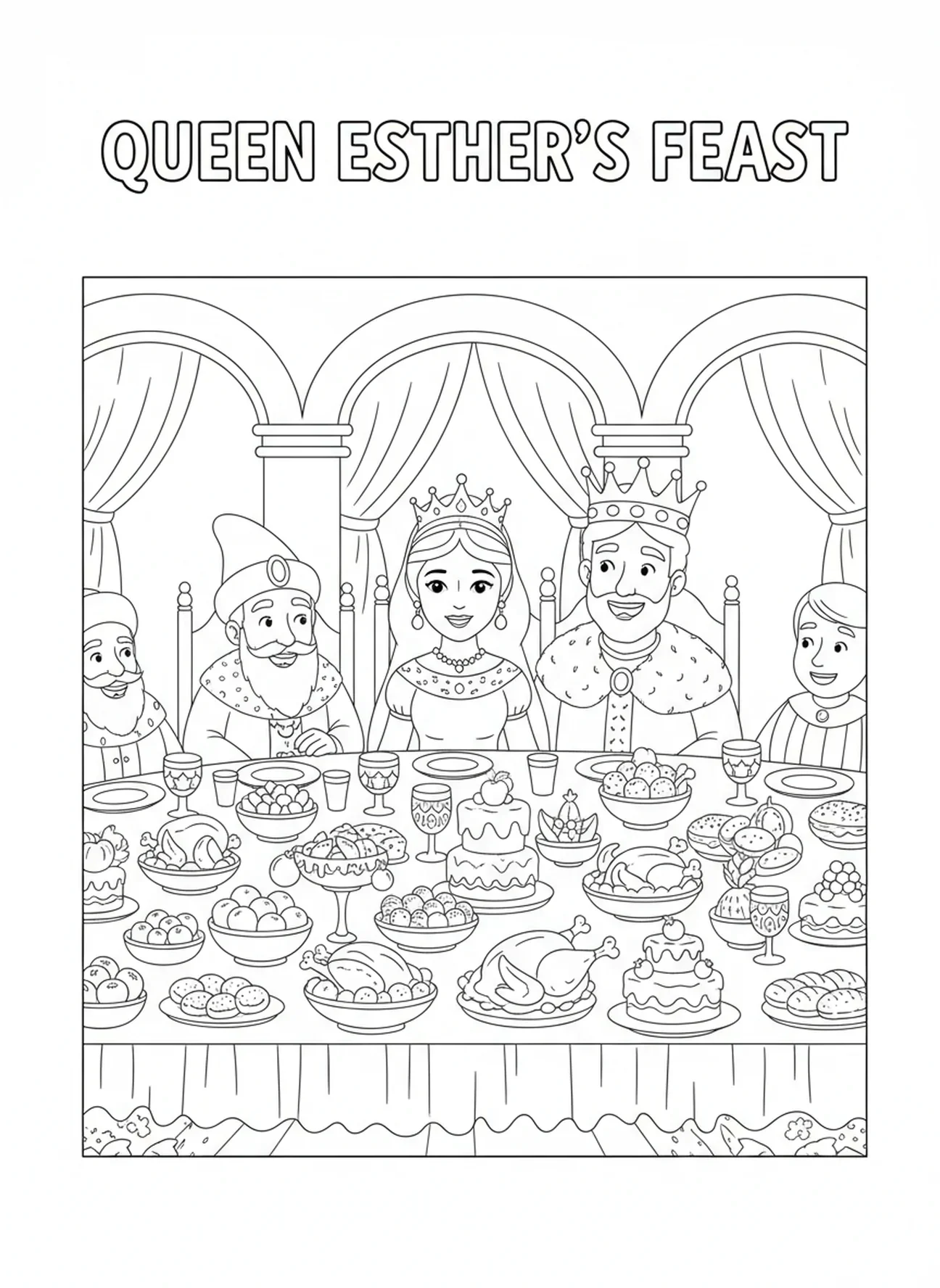 Esther recebendo um banquete com o Rei Xerxes e Hamã, página de colorir Esther se Torna Rainha para crianças de 5 a 10 anos.