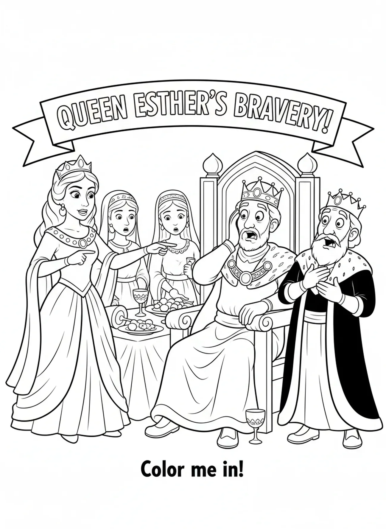 Esther revelando sua identidade ao Rei Xerxes e a Hamã, página de colorir 'Esther se Torna Rainha' para crianças de 5 a 10 anos.