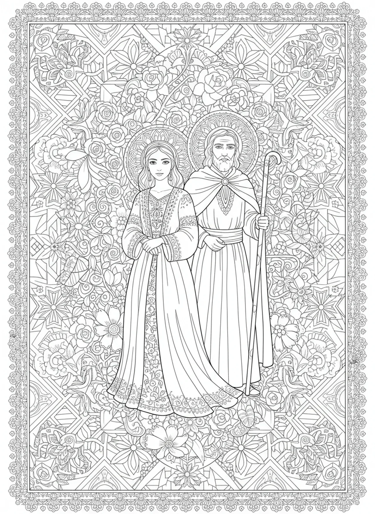 Página de colorir da Rainha Ester e Mordecai, estilo de journaling bíblico para adultos.
