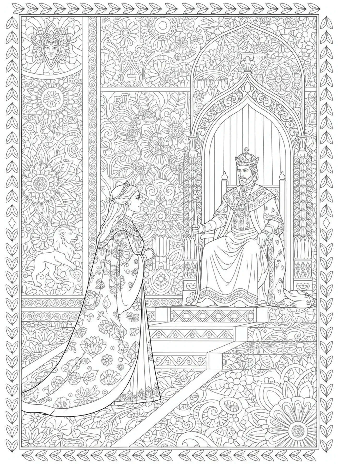 Esther encontrando o Rei Xerxes, página de colorir da Rainha Esther no estilo de journaling bíblico para adultos.