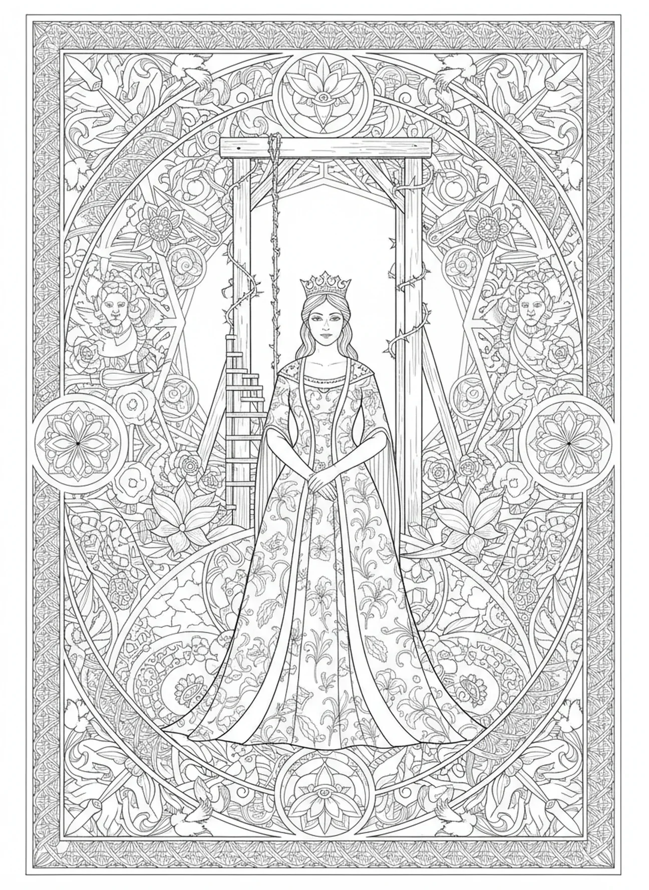 Forca de Hamã, página para colorir da Rainha Ester no estilo de journaling bíblico para adultos.
