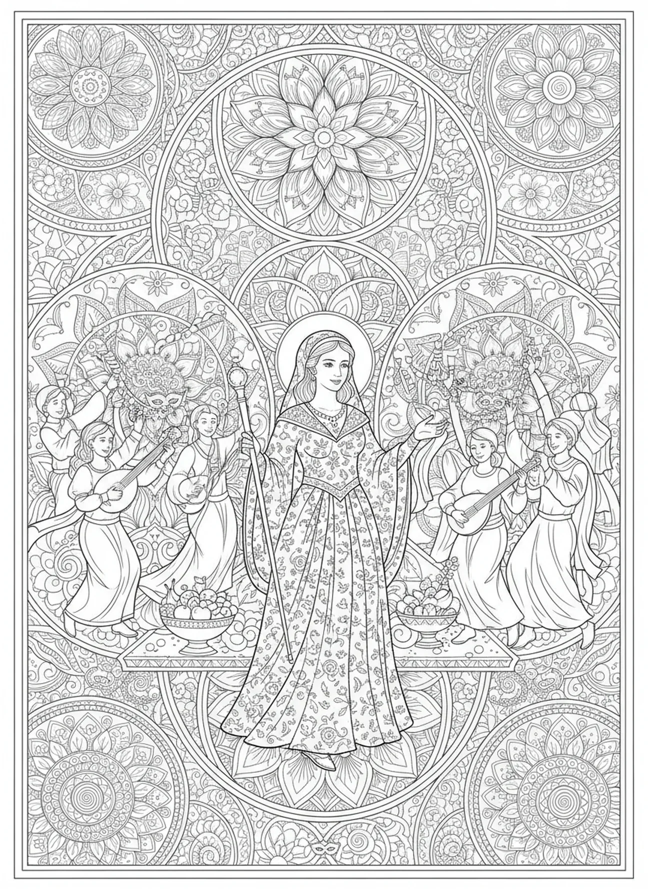 Celebração de Ester, página para colorir da Rainha Ester no estilo de diário bíblico para adultos.
