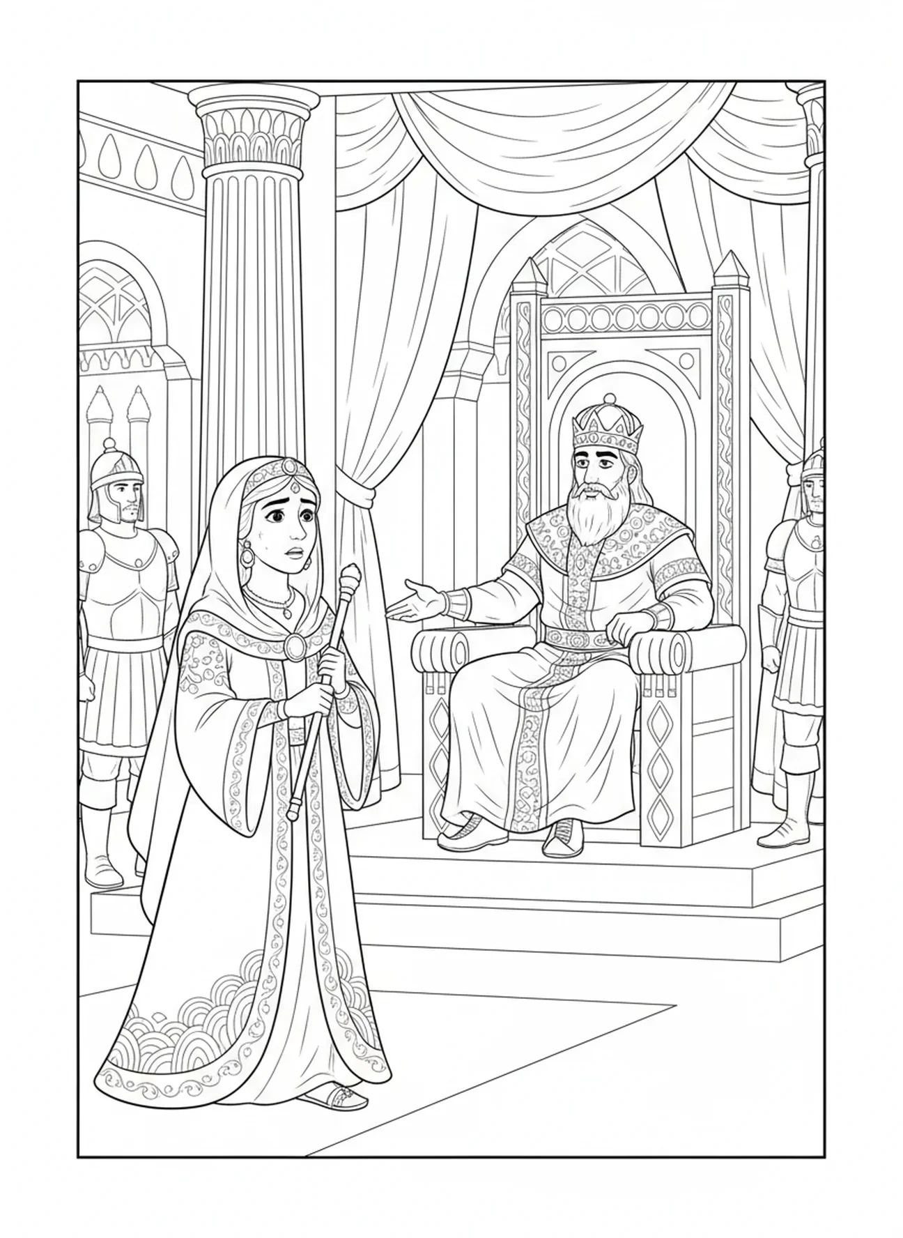 Esther, die sich dem König Xerxes nähert, Ausmalbild für Kinder im Alter von 5-10 Jahren