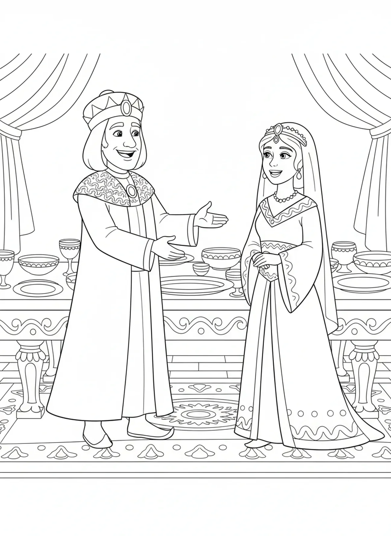 König Xerxes lächelt, Esther Königin Ausmalbild für Kinder im Alter von 5-10 Jahren