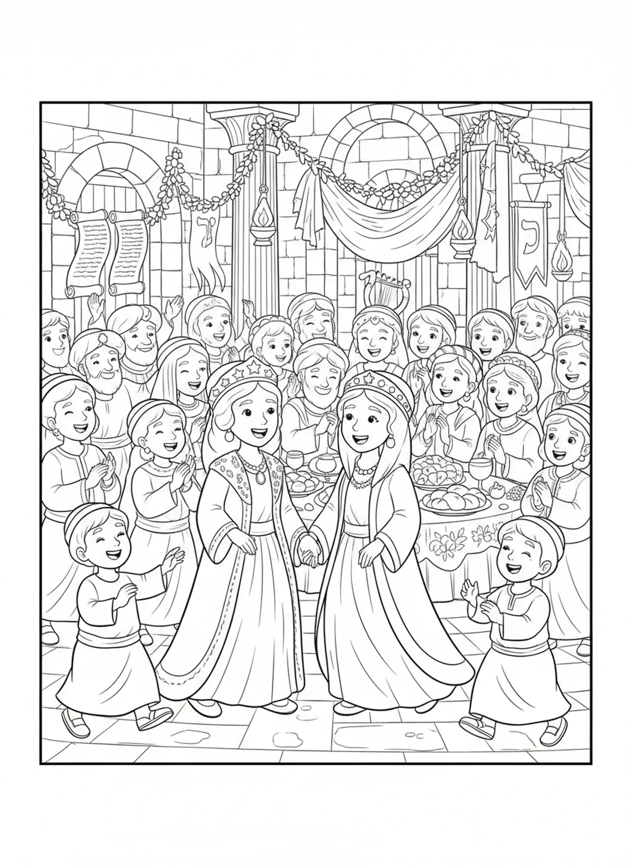 Célébration juive, page à colorier de la Reine Esther pour les enfants de l'École du dimanche âgés de 5 à 12 ans