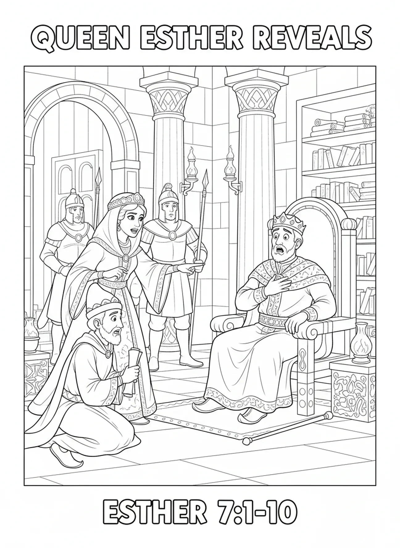 Le roi Xerxès et Esther, page à colorier d'Esther Reine pour les enfants de l'École du dimanche âgés de 5 à 12 ans