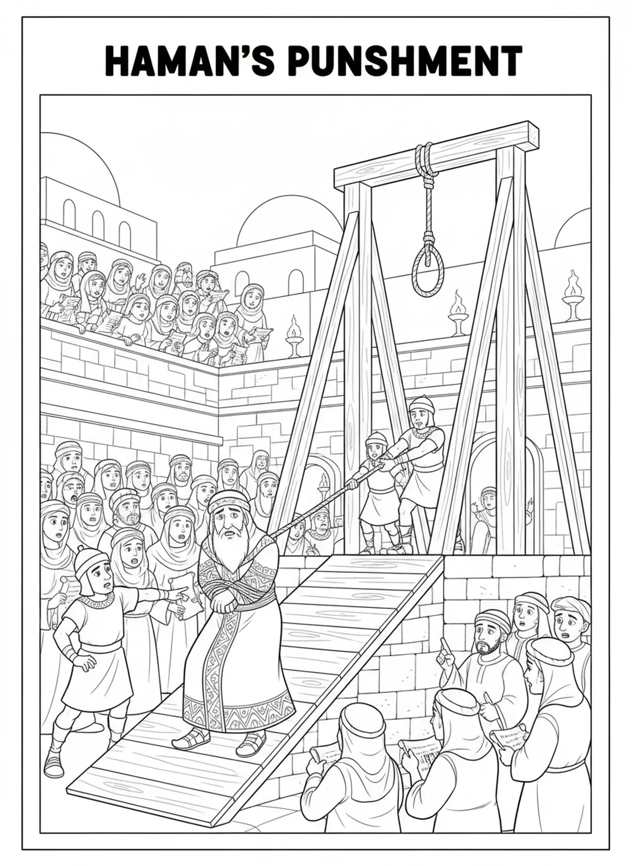 Haman sur les gibets, page à colorier de la Reine Esther pour les enfants de l'École du dimanche âgés de 5 à 12 ans