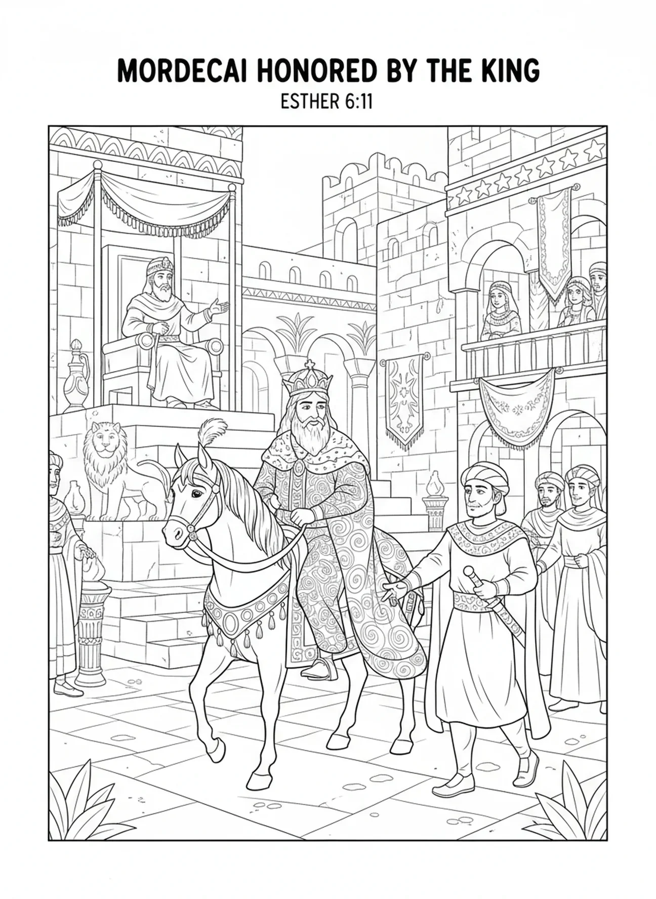 Mardochée en vêtements royaux, page à colorier de la Reine Esther pour les enfants de l'École du dimanche âgés de 5 à 12 ans
